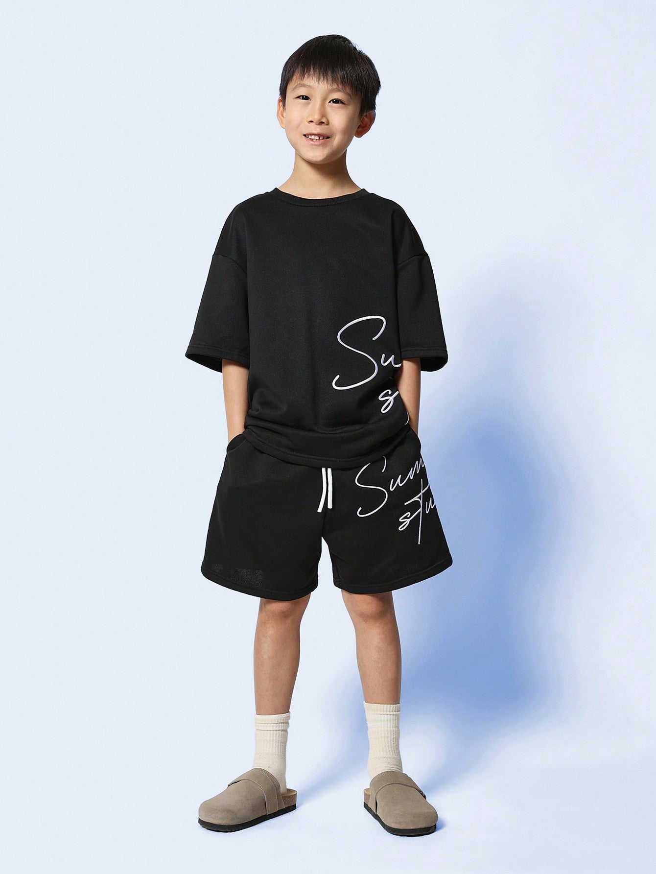 Tween Boys Oversized Fit Tee And Short With EMbroidery 2 Piece Set