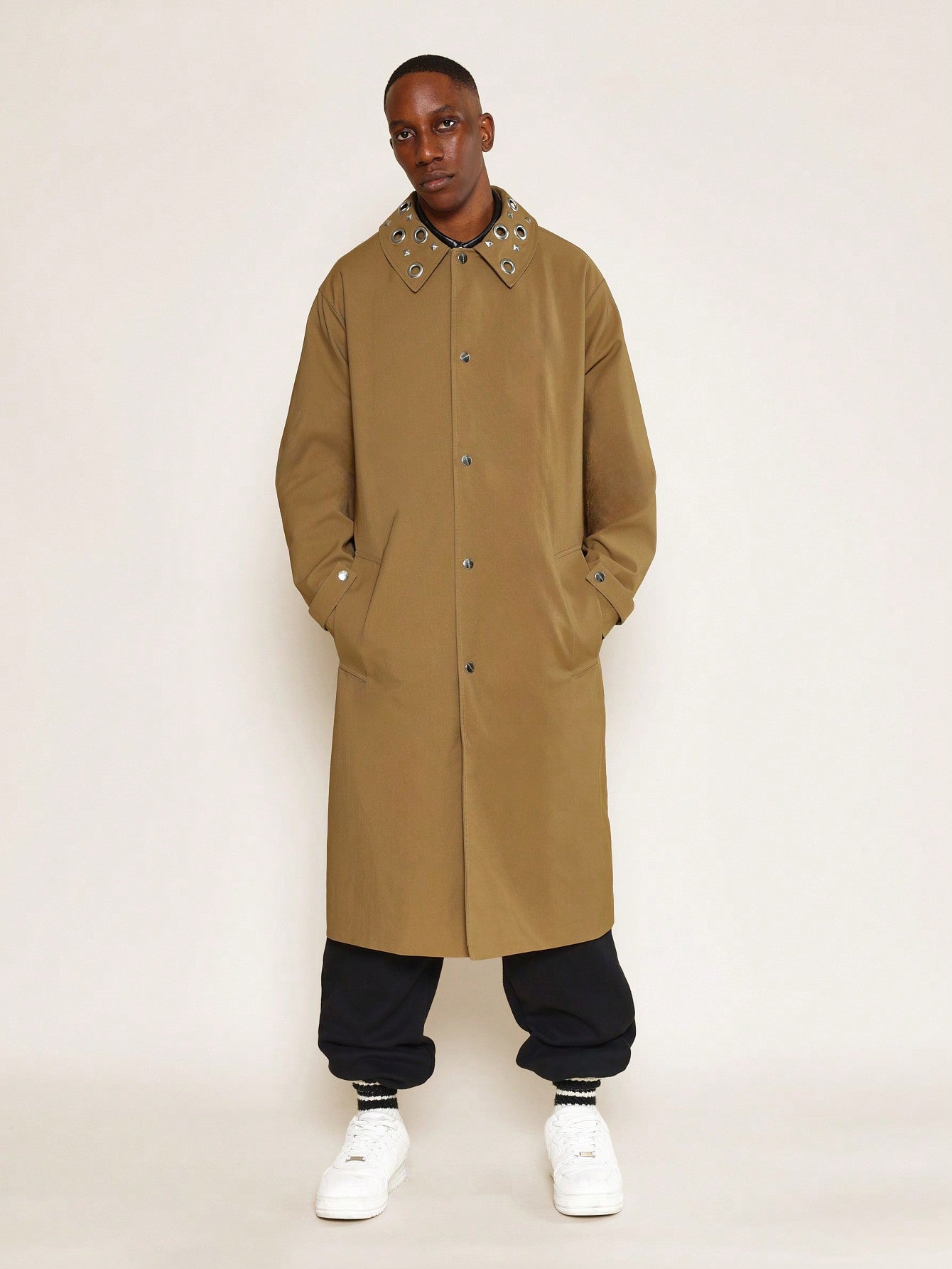 Trench Coat With Eyelets On Collar & Back Slit