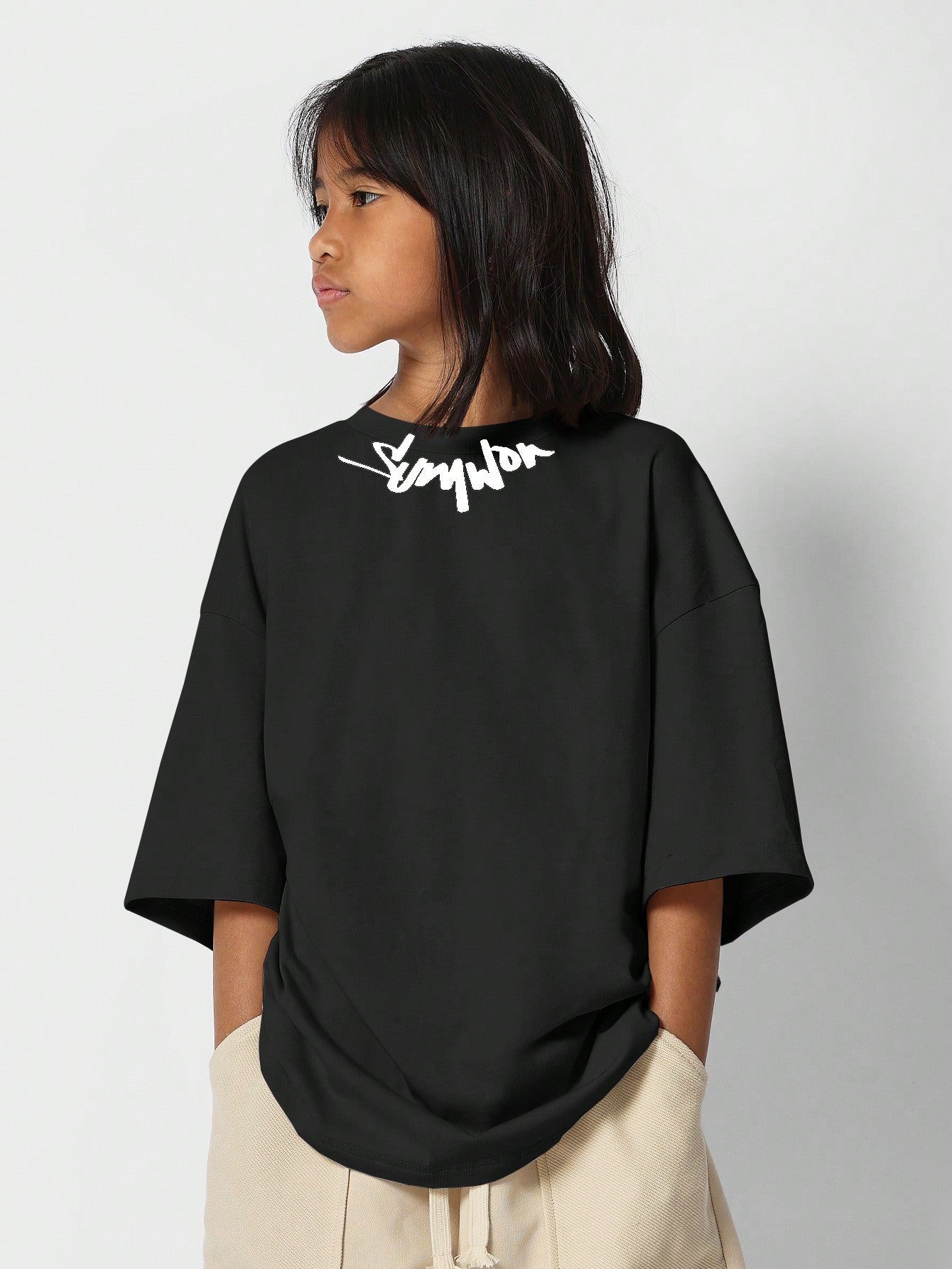 Tween Girls Oversized Fit Tee With Collar Print