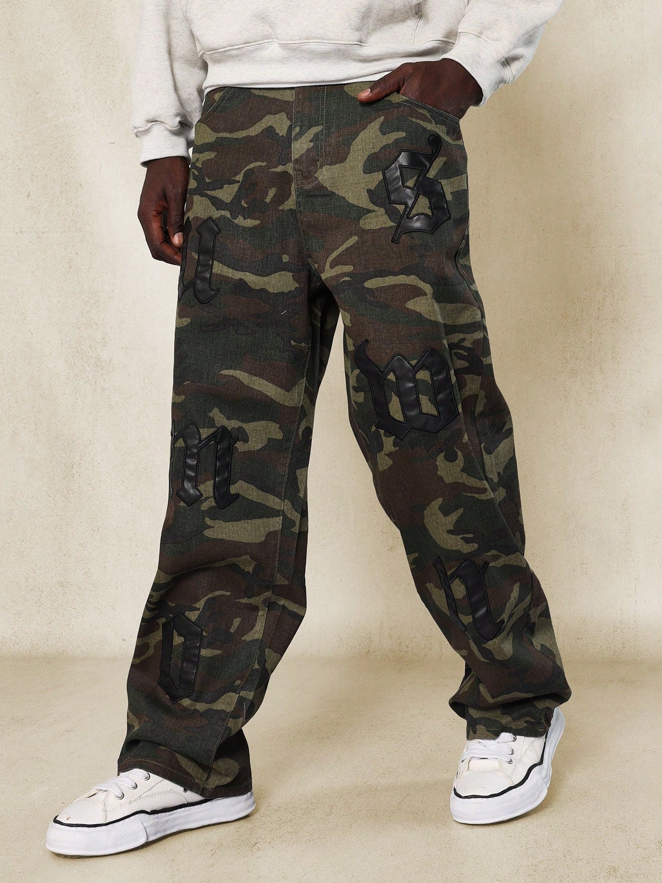 Loose Fit Camo Printed Jean With PU Badges