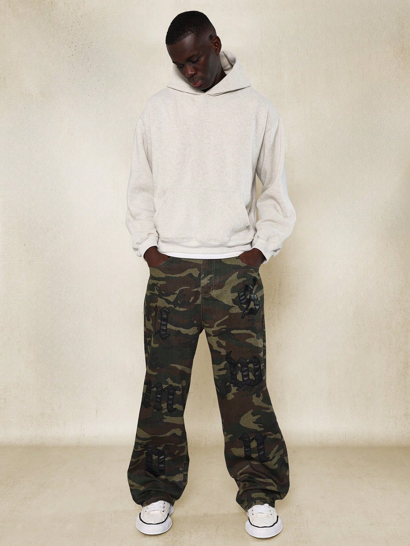 Loose Fit Camo Printed Jean With PU Badges