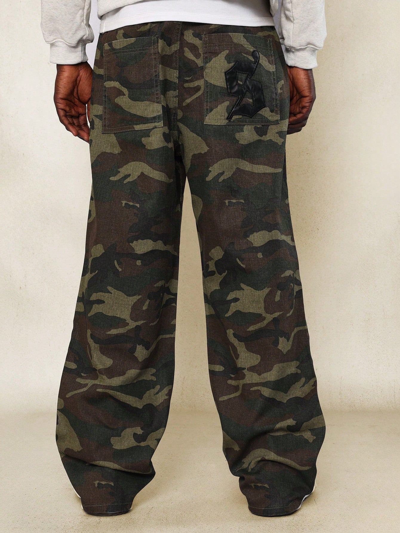 Loose Fit Camo Printed Jean With PU Badges