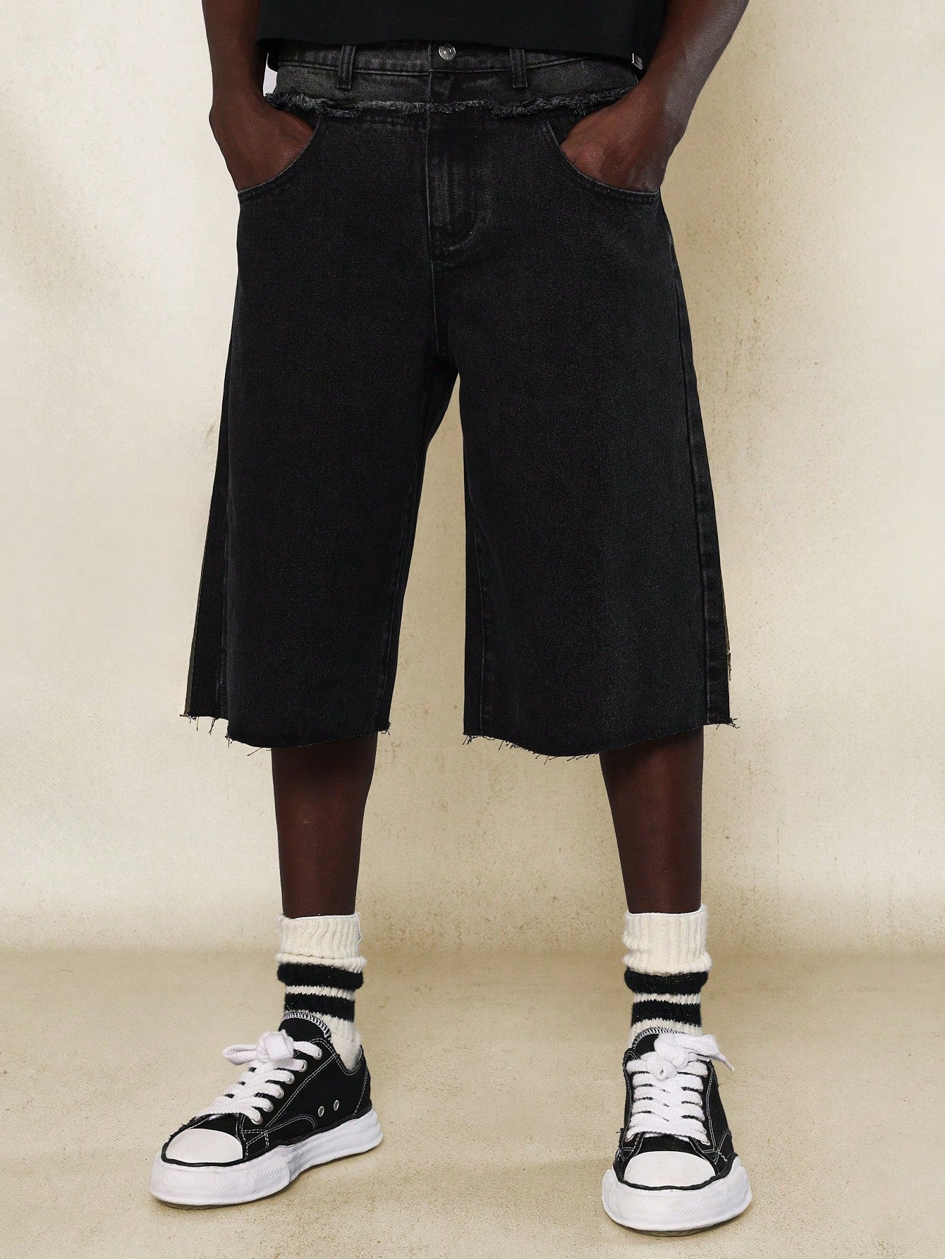 Double Waistband Denim Jort With Raw Edge Detail