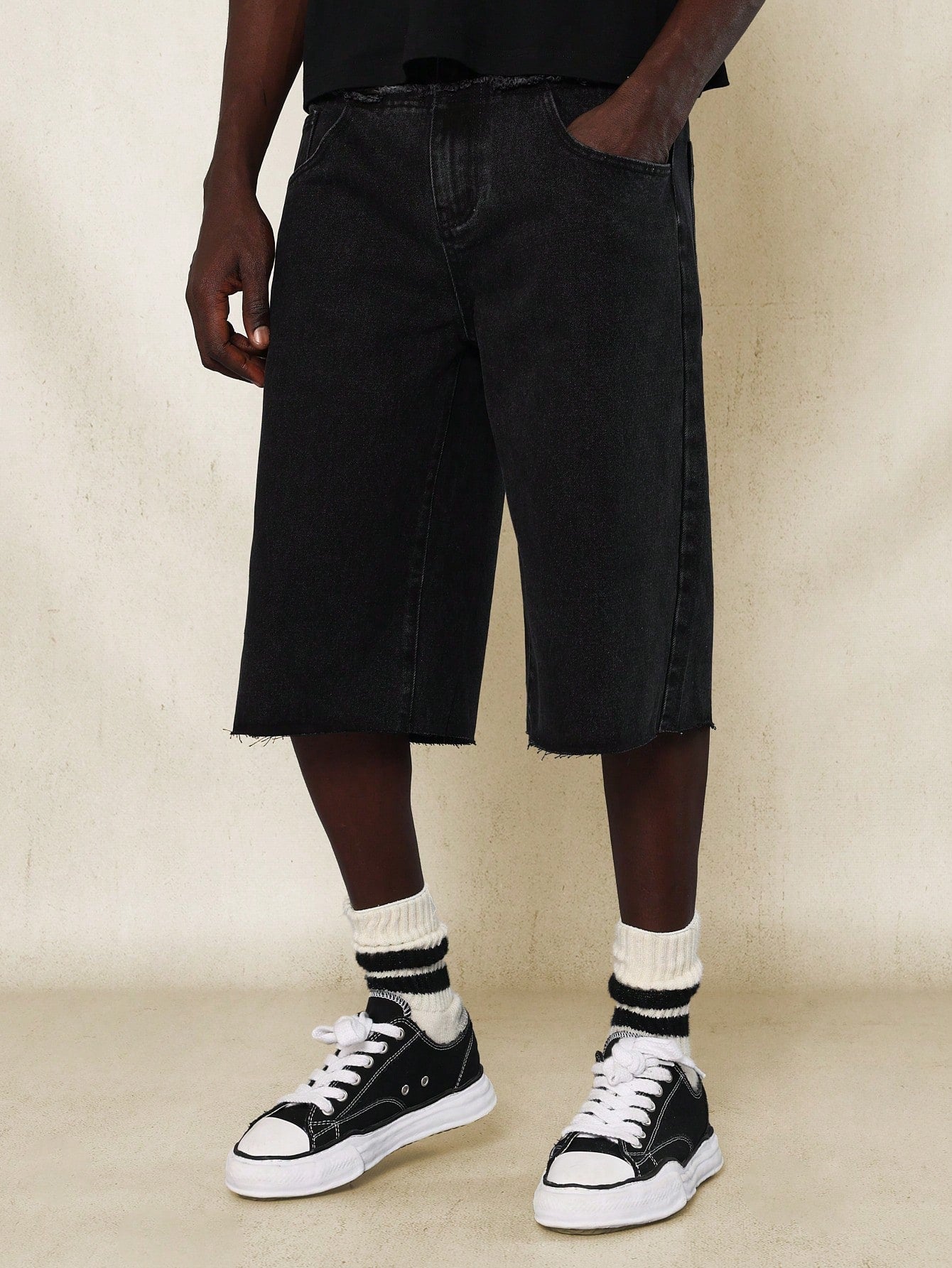 Double Waistband Denim Jort With Raw Edge Detail