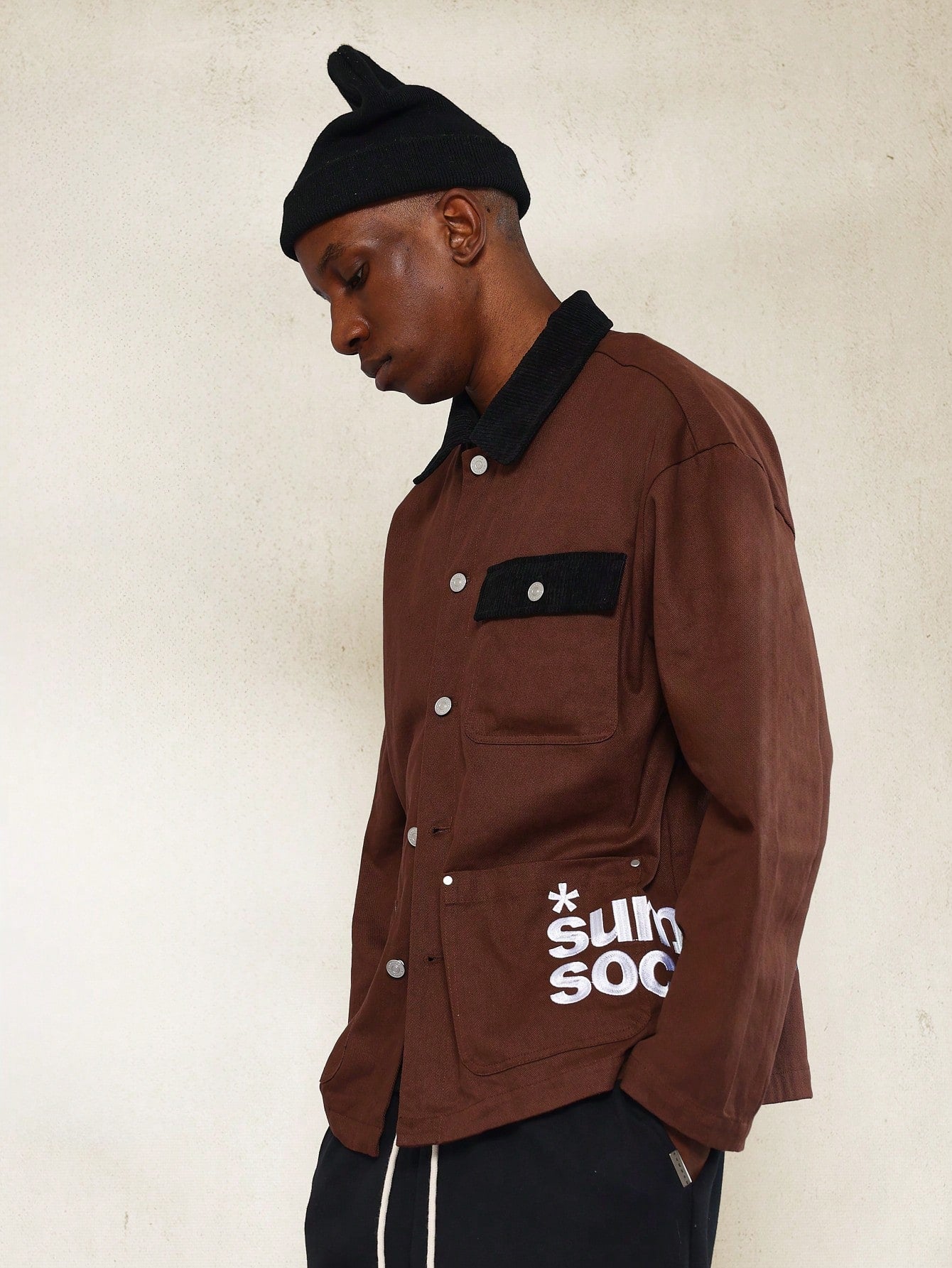 Corduroy Collar & Pocket Twill Jacket With Embroidery & Back Graphic Print