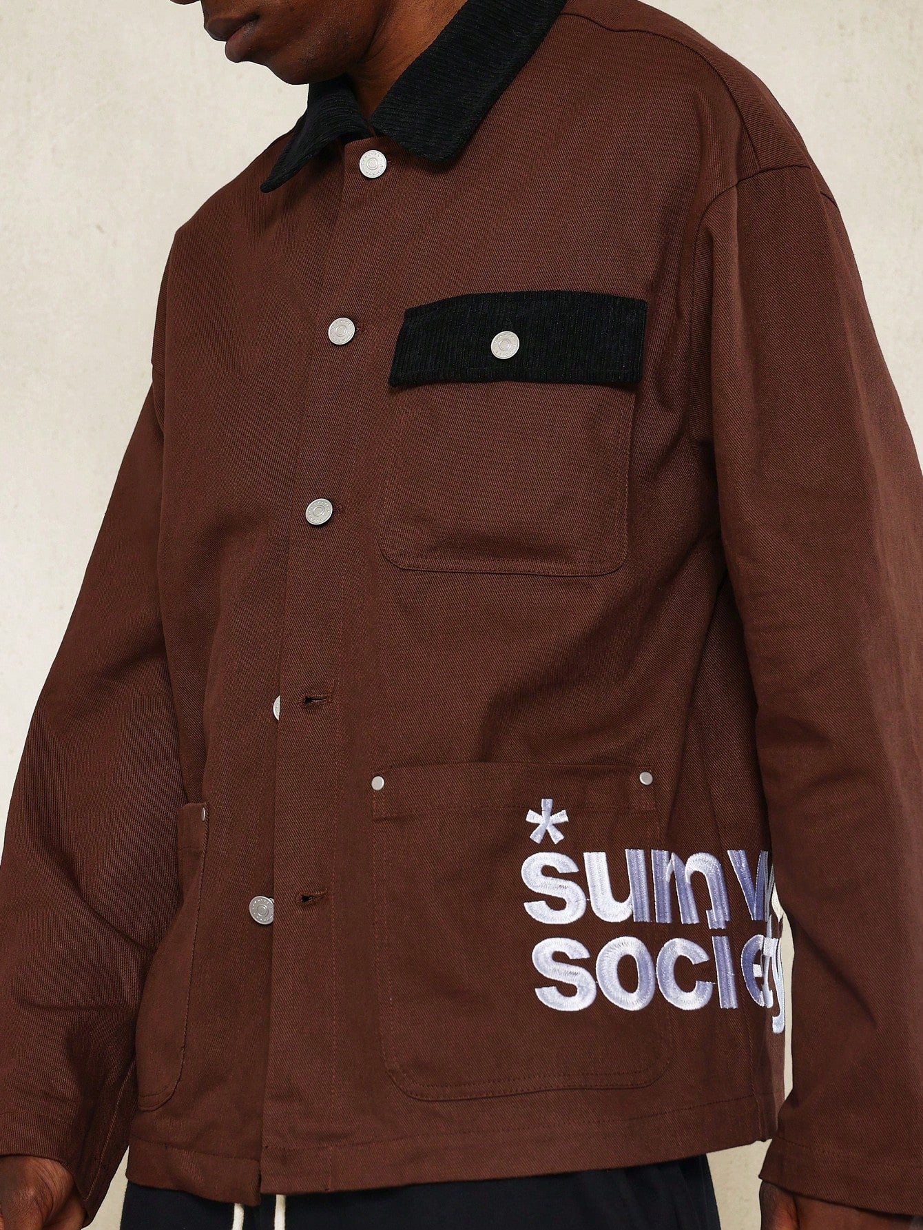 Corduroy Collar & Pocket Twill Jacket With Embroidery & Back Graphic Print