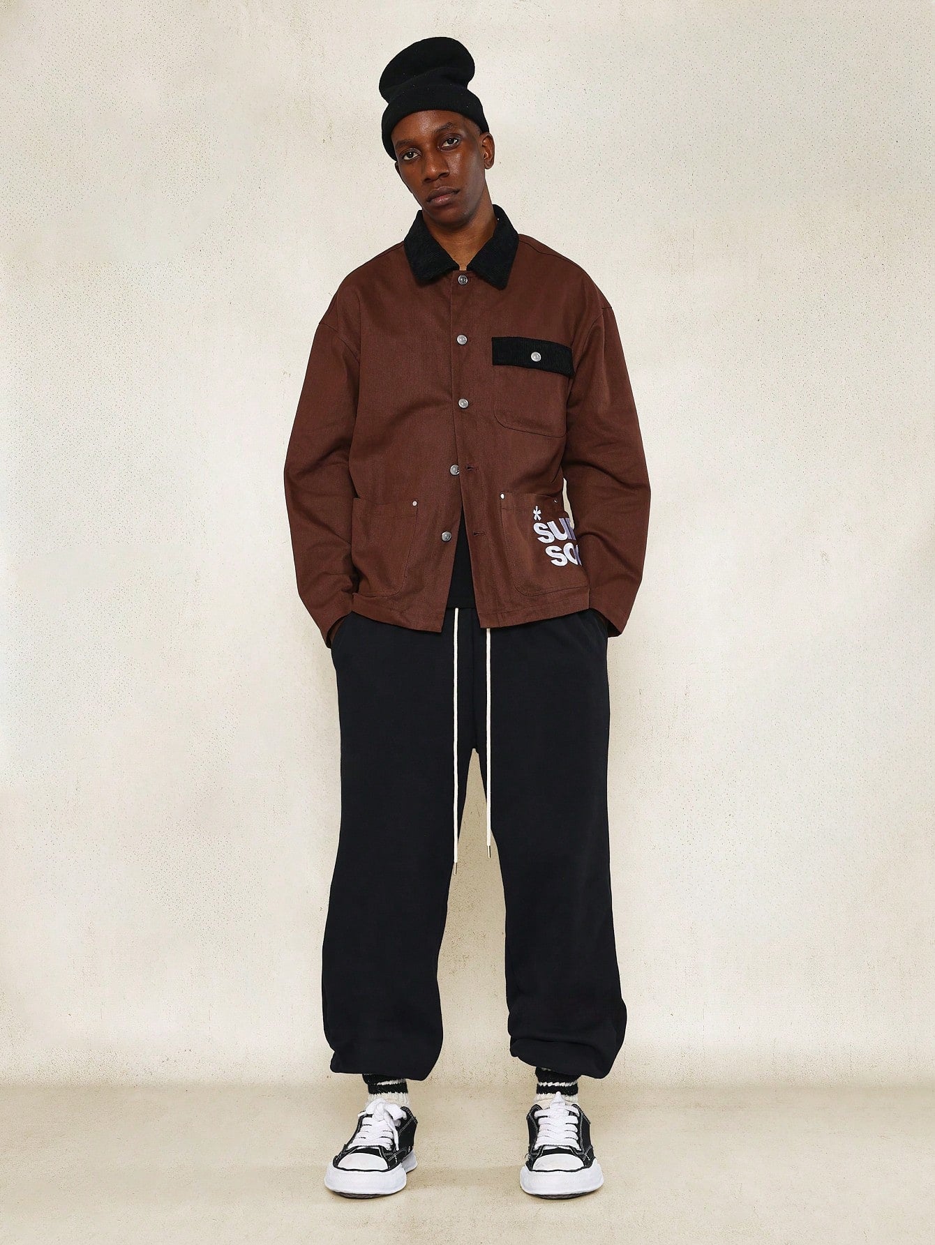 Corduroy Collar & Pocket Twill Jacket With Embroidery & Back Graphic Print