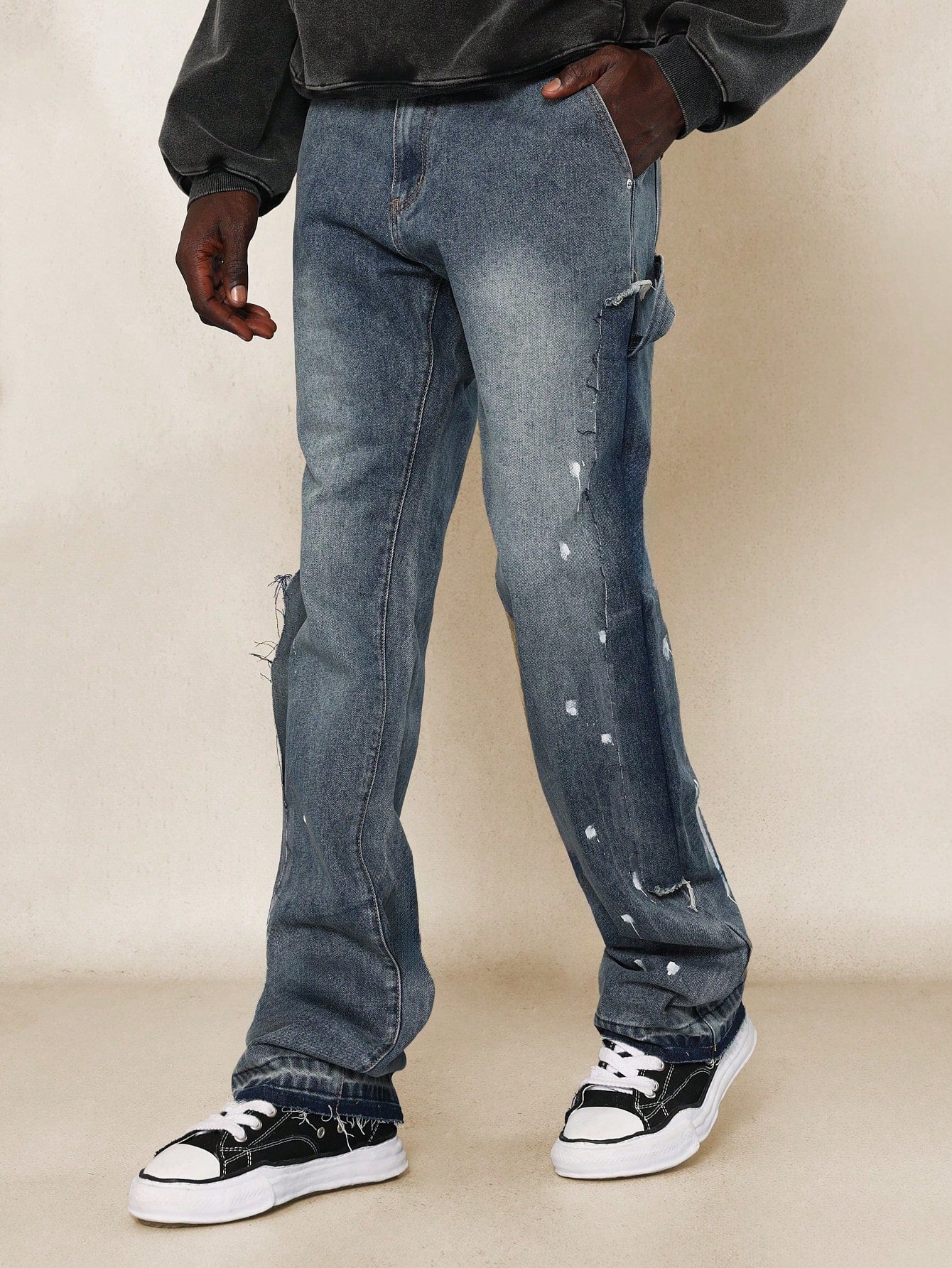 Slim Fit Raw Edge Jean With Splatter Paint