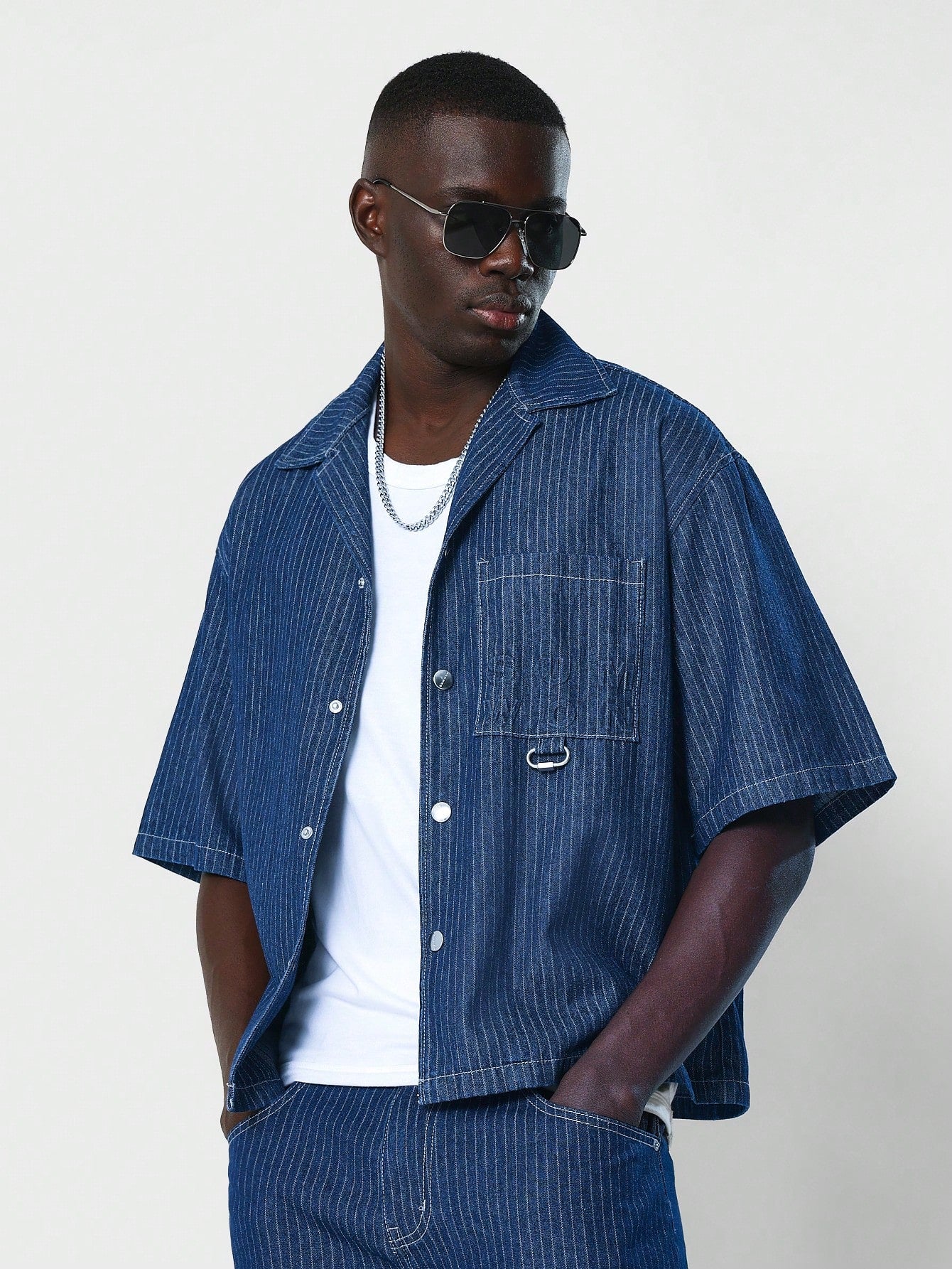 Boxy Fit Revere Collar Stripe Denim Shirt With Emboss Print On Front Pocket