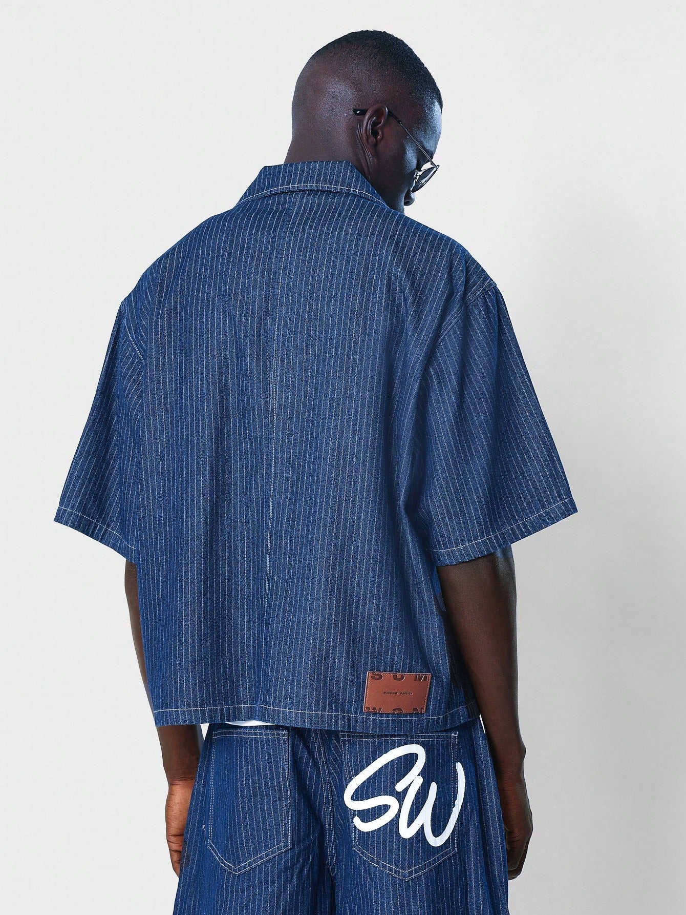 Boxy Fit Revere Collar Stripe Denim Shirt With Emboss Print On Front Pocket