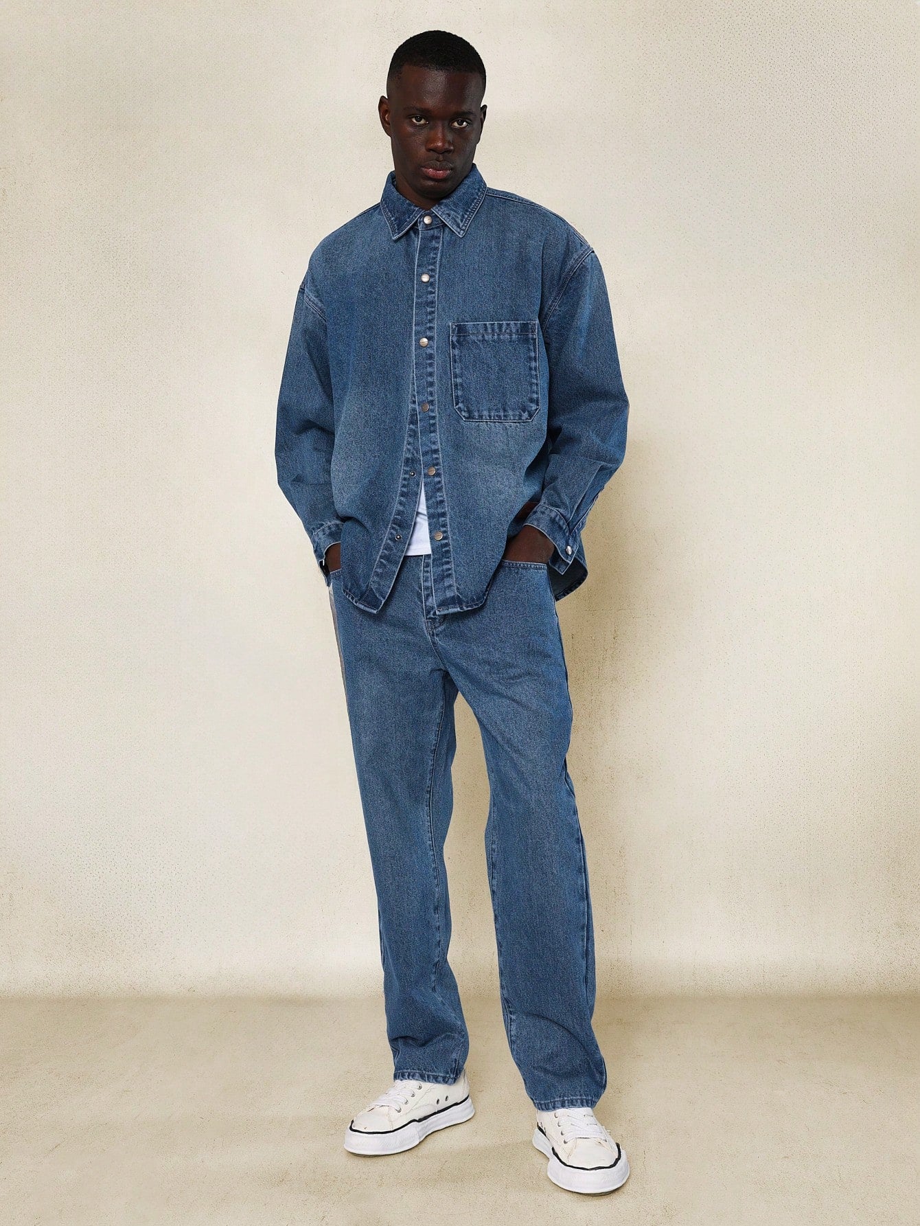 Oversized Fit Curve Hem Denim Shirt And Straight Fit Jean 2 Piece Set