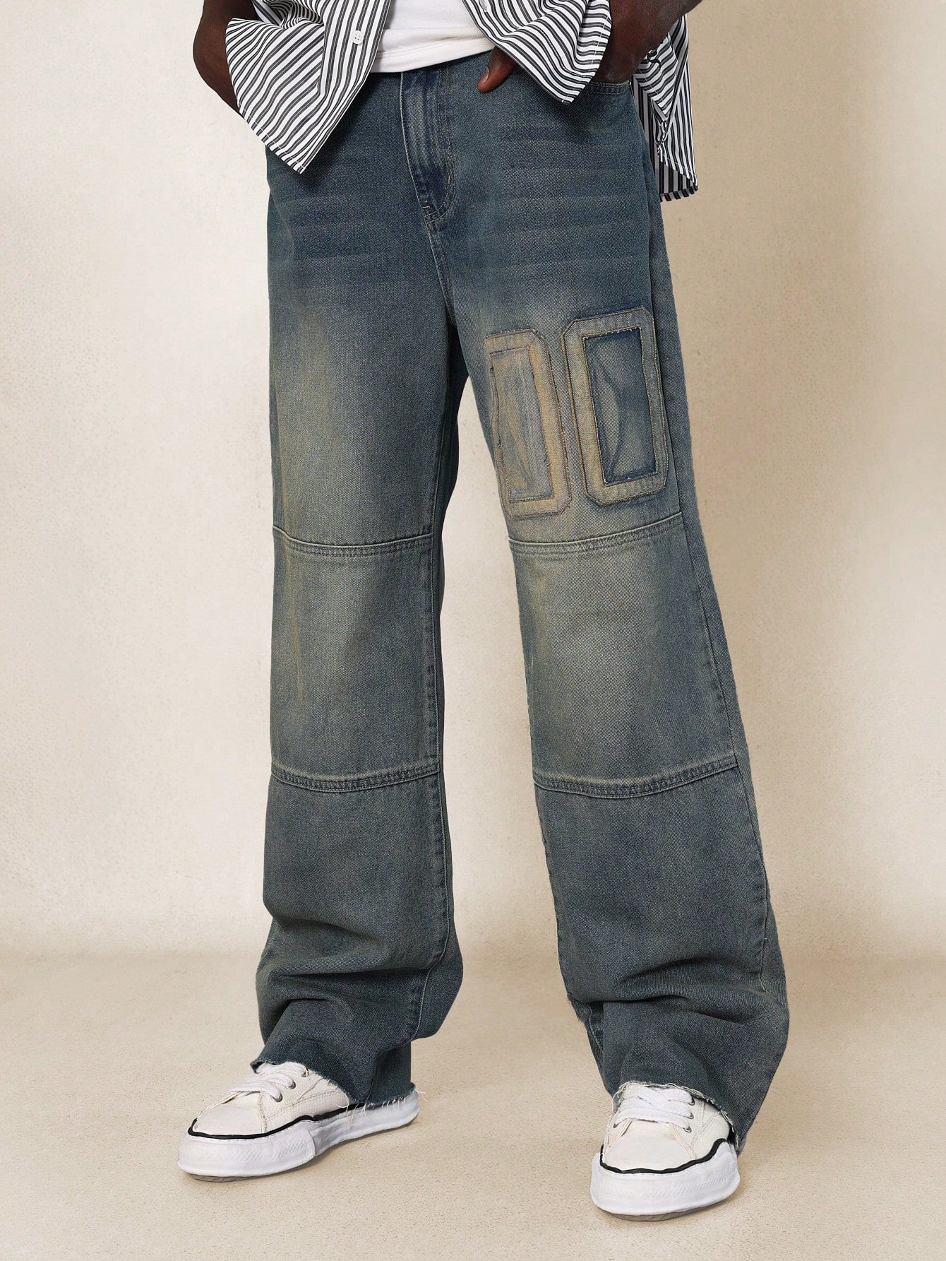 Loose Fit Double Knee Raw Edge Jean With Number Applique