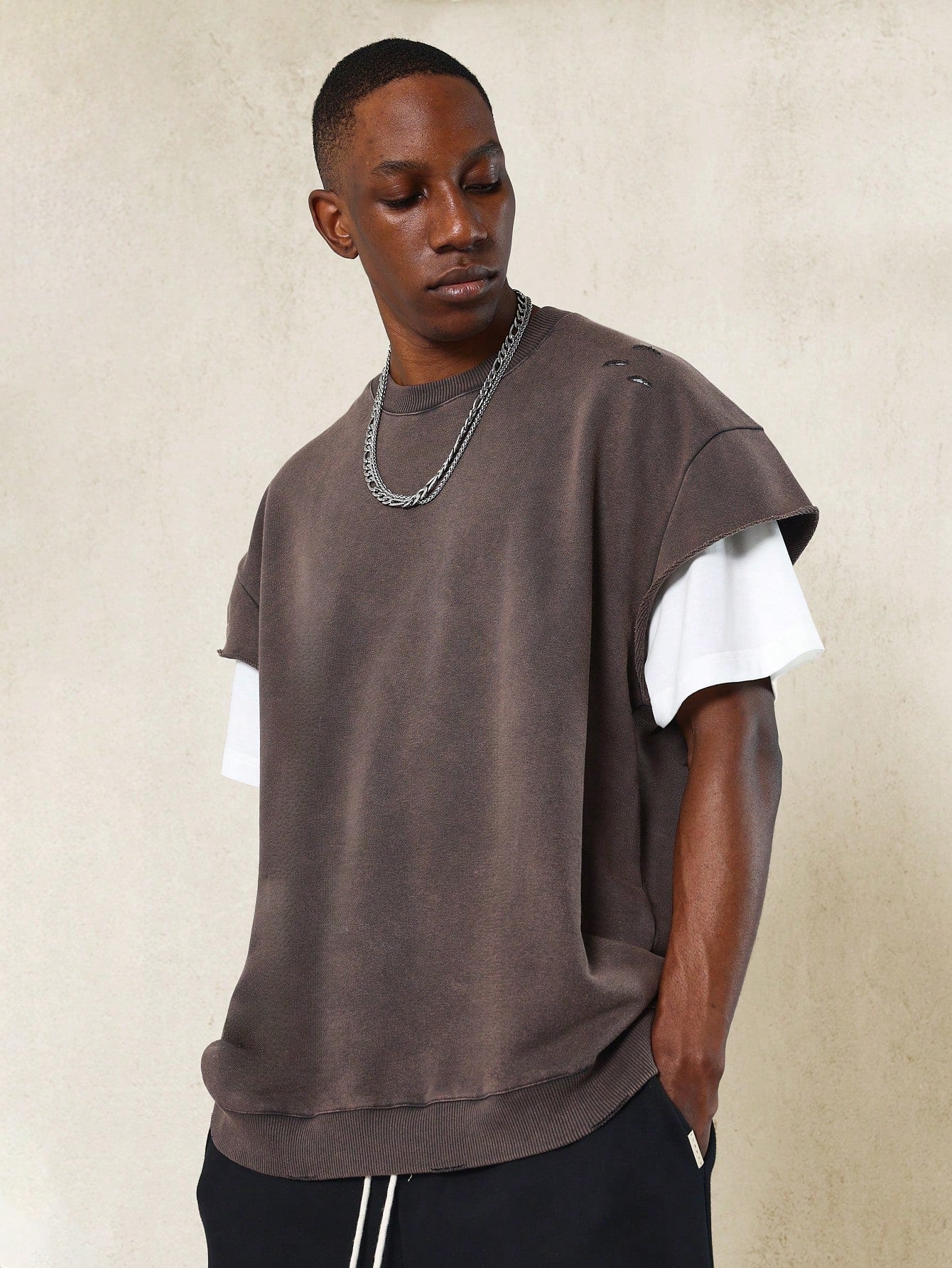 Boxy Cal Sleeve Washed Sweatshirt With Raw Edge & Ripped Detail