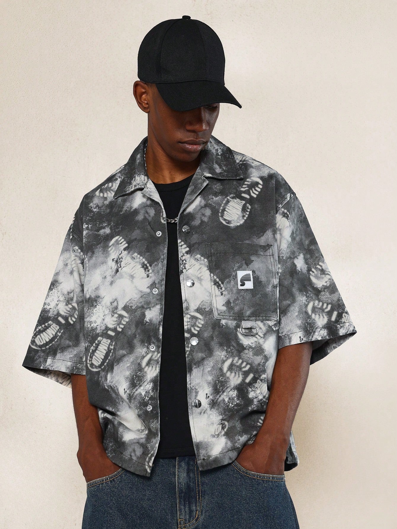 Boxy Fit Twill Denim Shirt With All Over Print