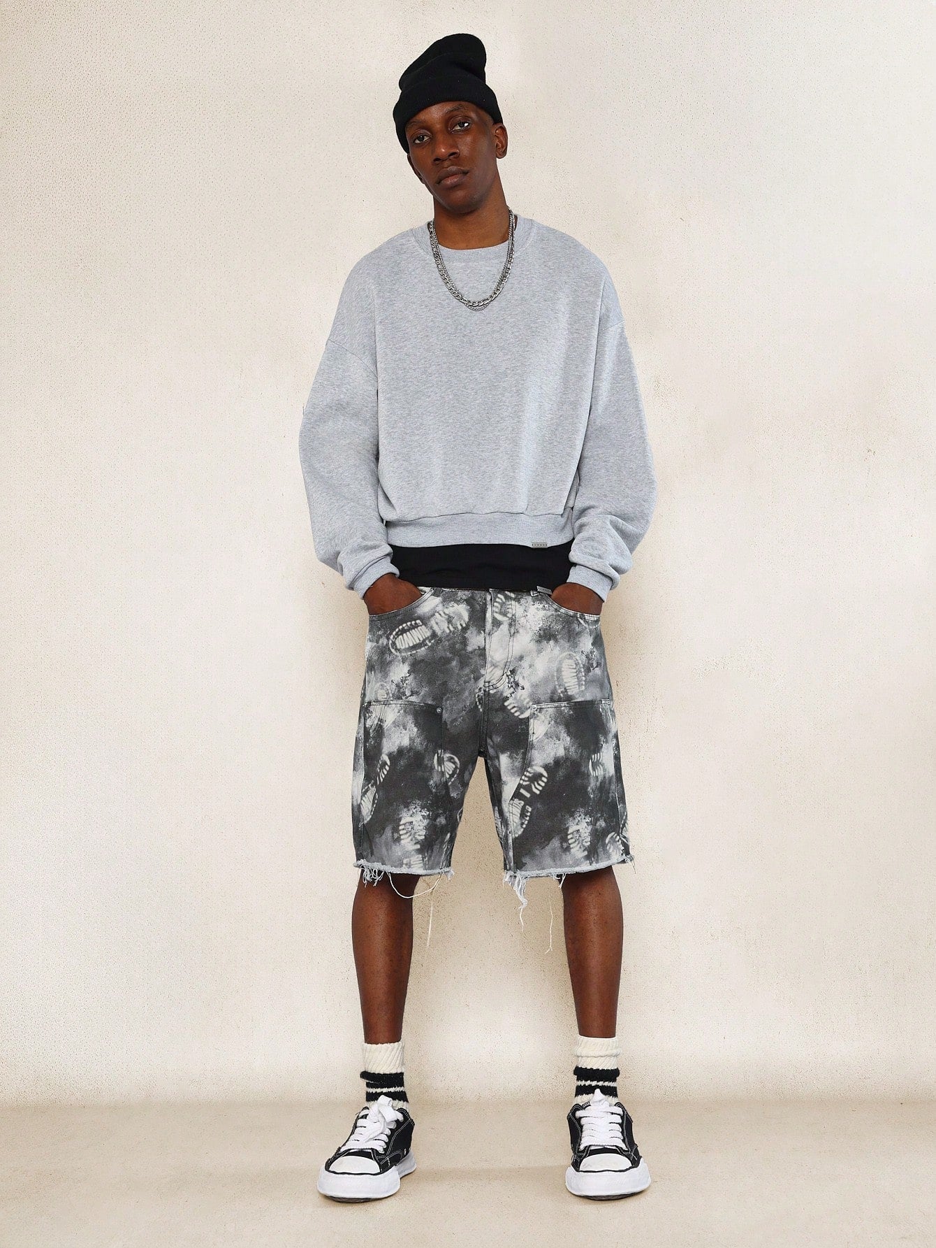 Sumwon Printed Raw Edge Twill Denim Carpenter Short