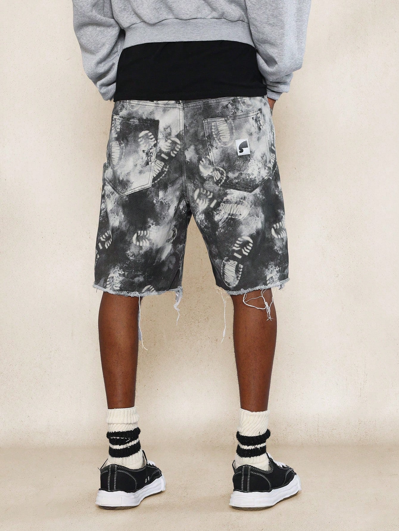 Sumwon Printed Raw Edge Twill Denim Carpenter Short