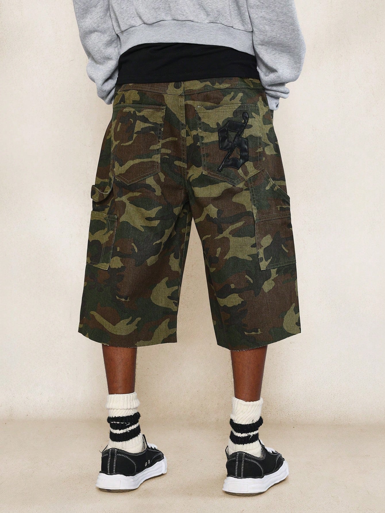 Camo Carpenter Denim Jort With All Over Applique Patches