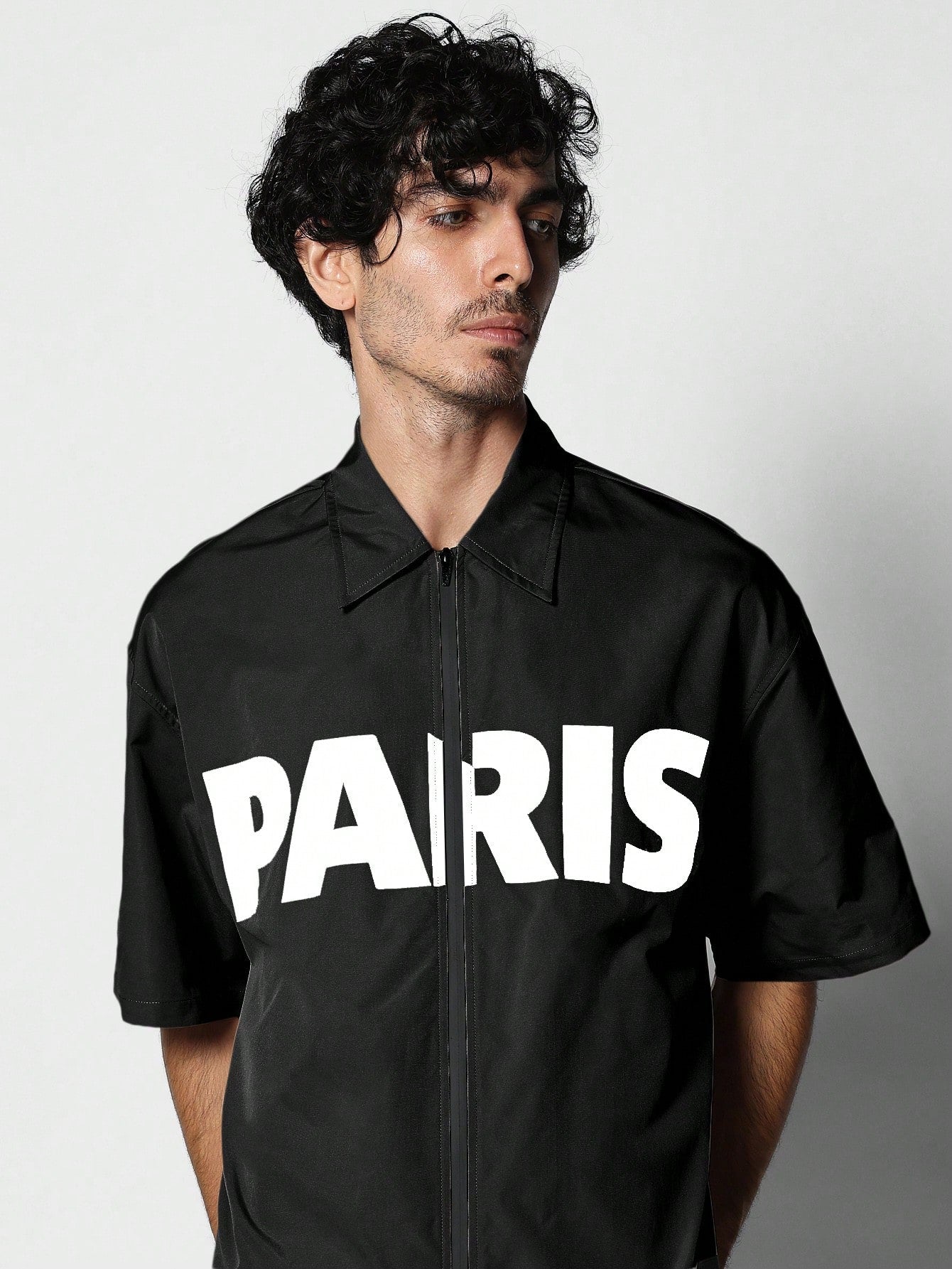 Boxy Fit Zip Through Shirt With Paris Print Graphic