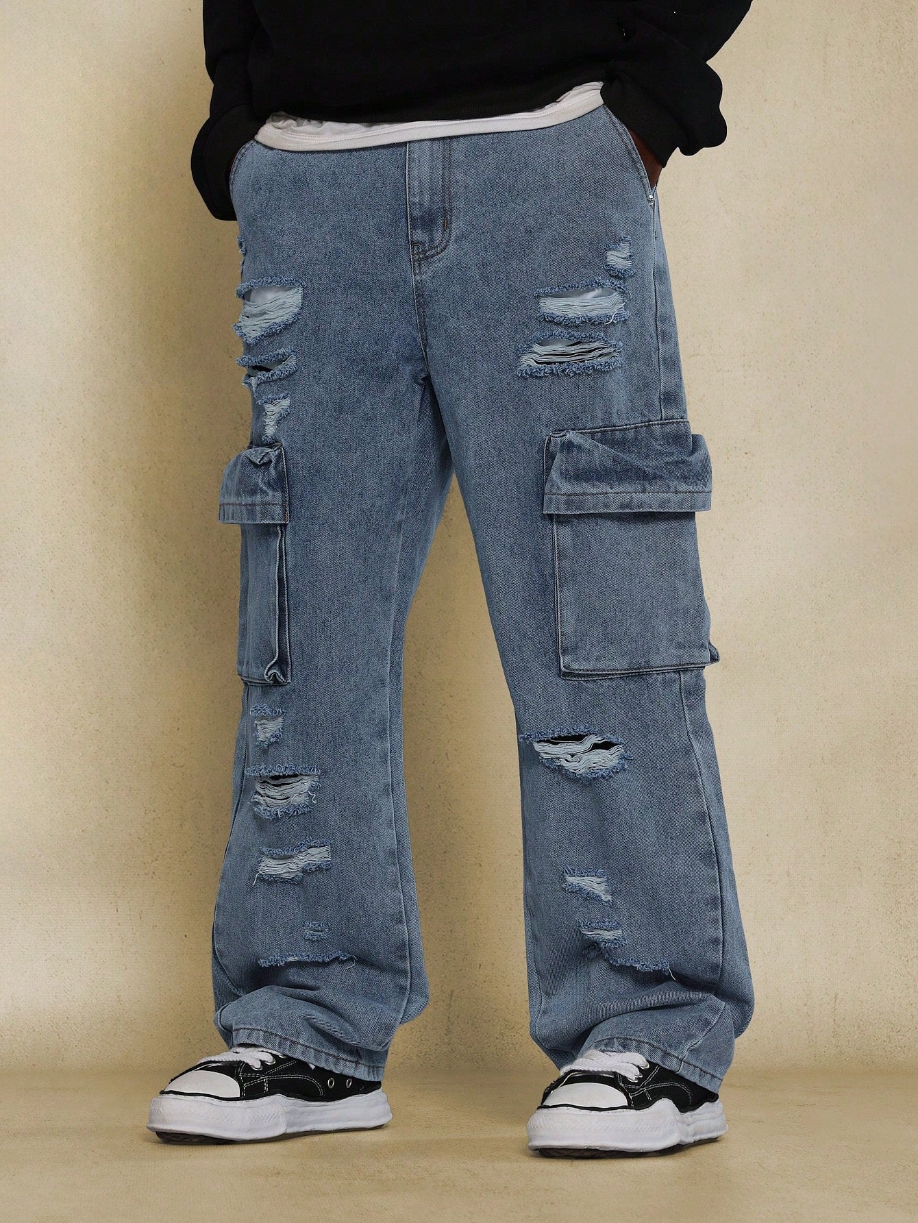 Straight Fit Distressed Denim Cargo Jean