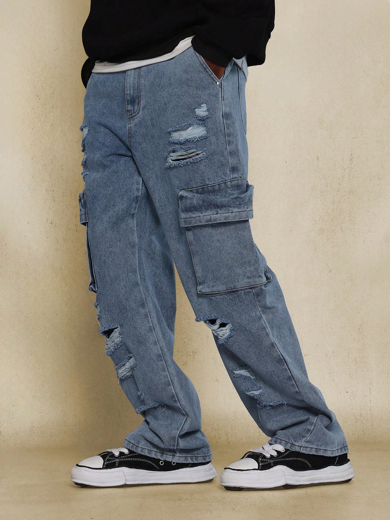 Straight Fit Distressed Denim Cargo Jean