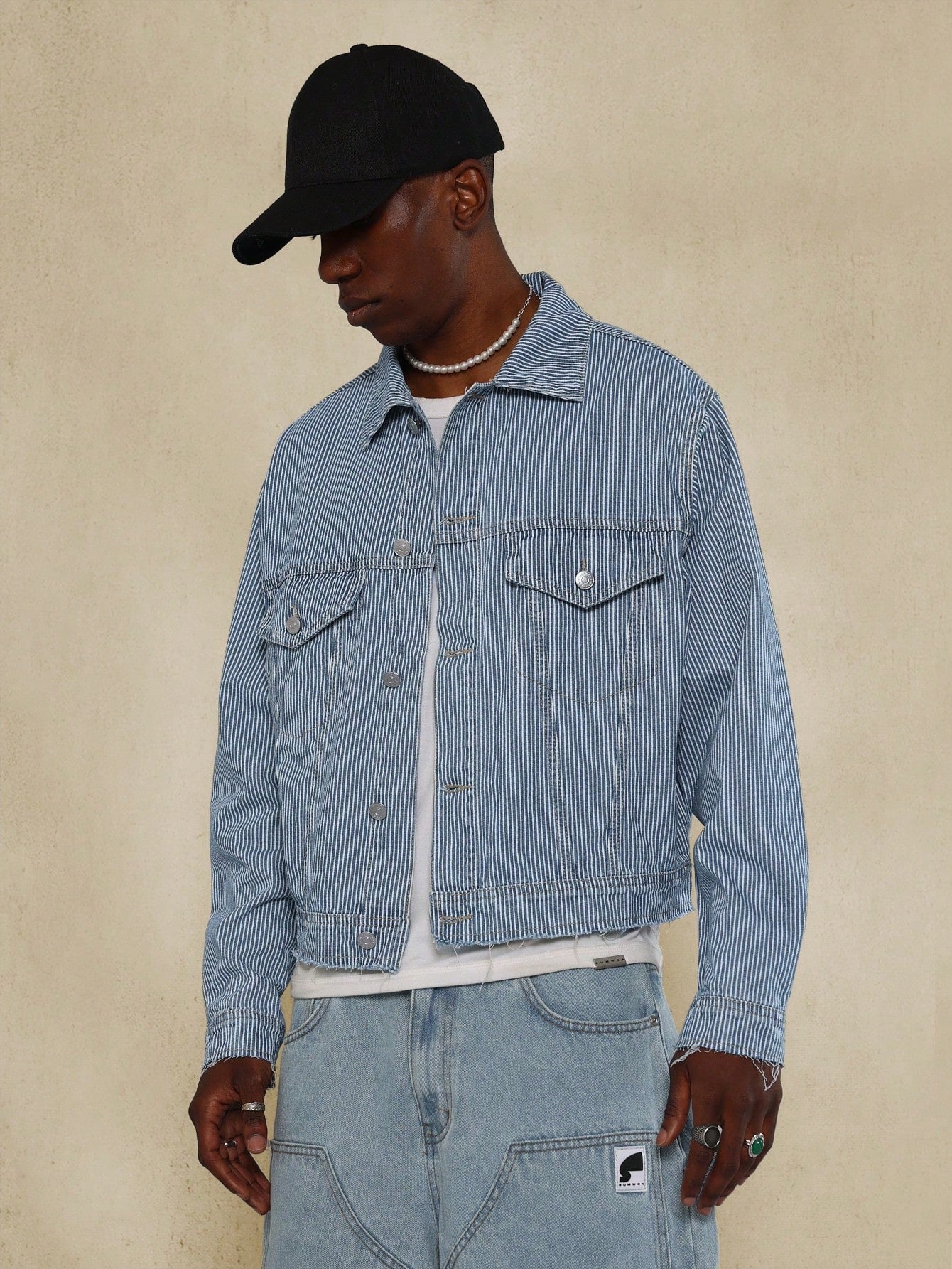 Cropped Denim Stripe Raw Hem Jacket