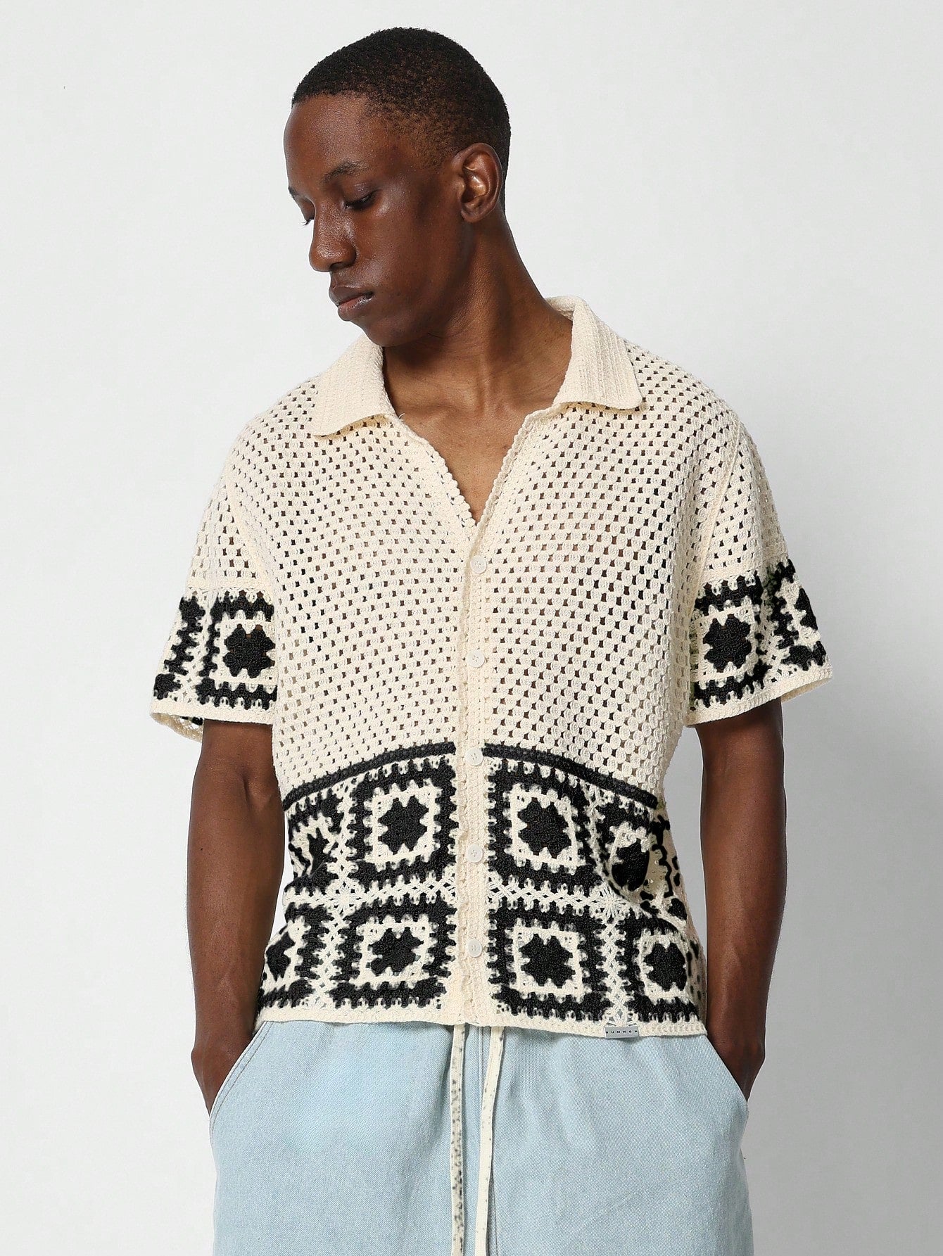 Button Through Crochet Colour Block Shirt