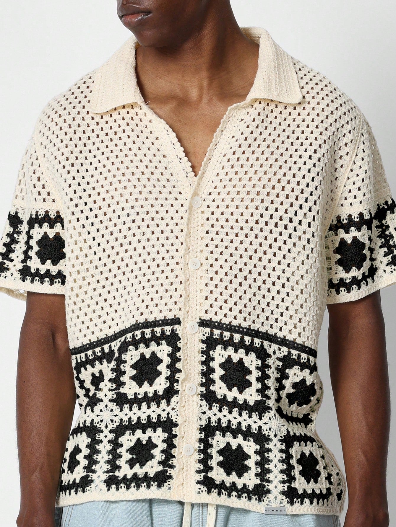 Button Through Crochet Colour Block Shirt