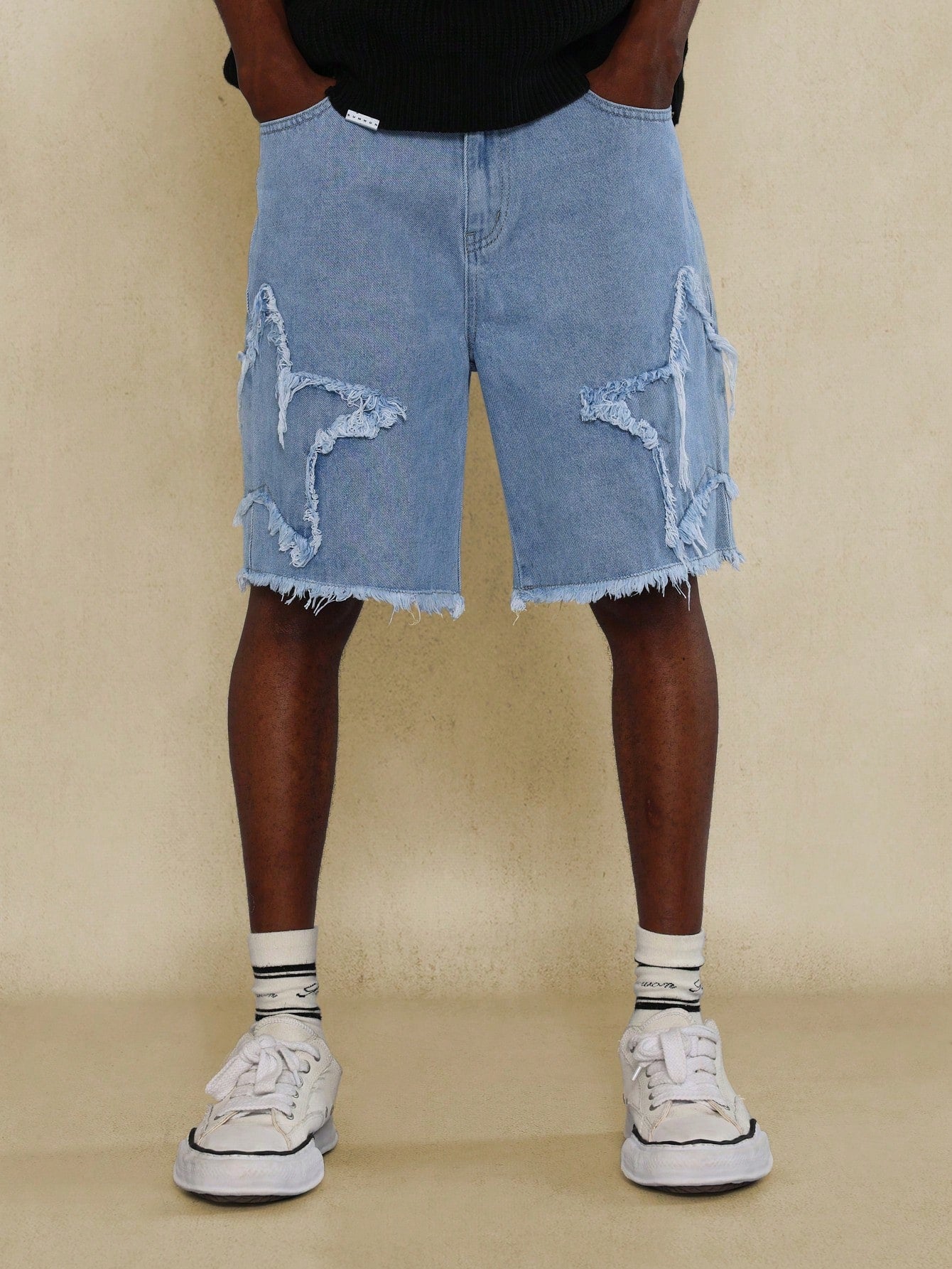 Washed Raw Edge Denim Short With Star Applique Design