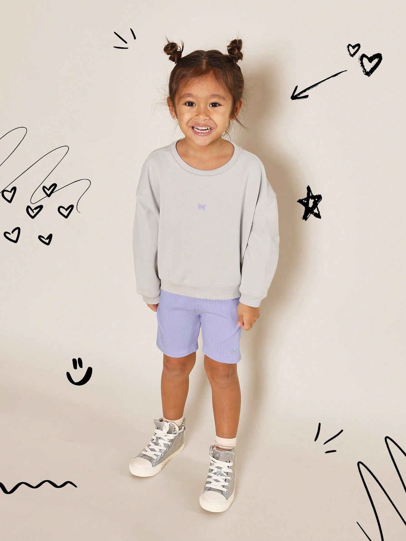 Young Girls Everyday Crew Neck Sweatshirt And Cycling Short 2 Piece Set With Butterfly Graphic Front Print