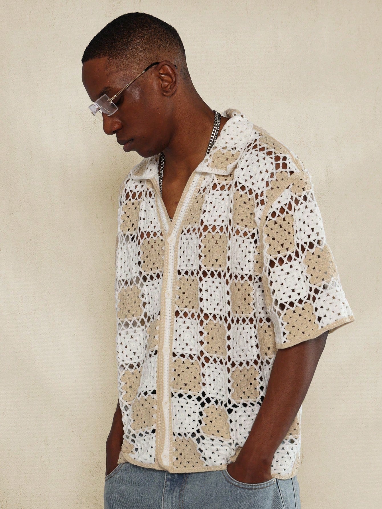 Regular Fit Button Through Checkerboard Crochet Shirt