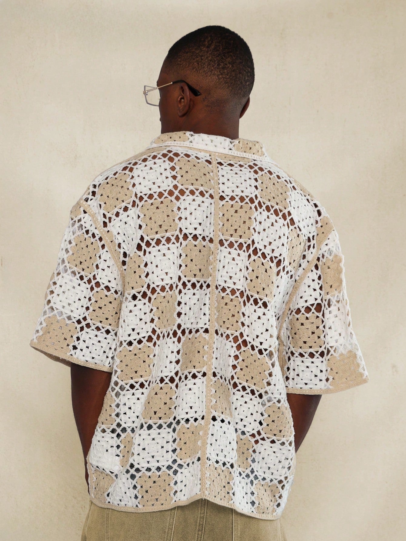 Regular Fit Button Through Checkerboard Crochet Shirt