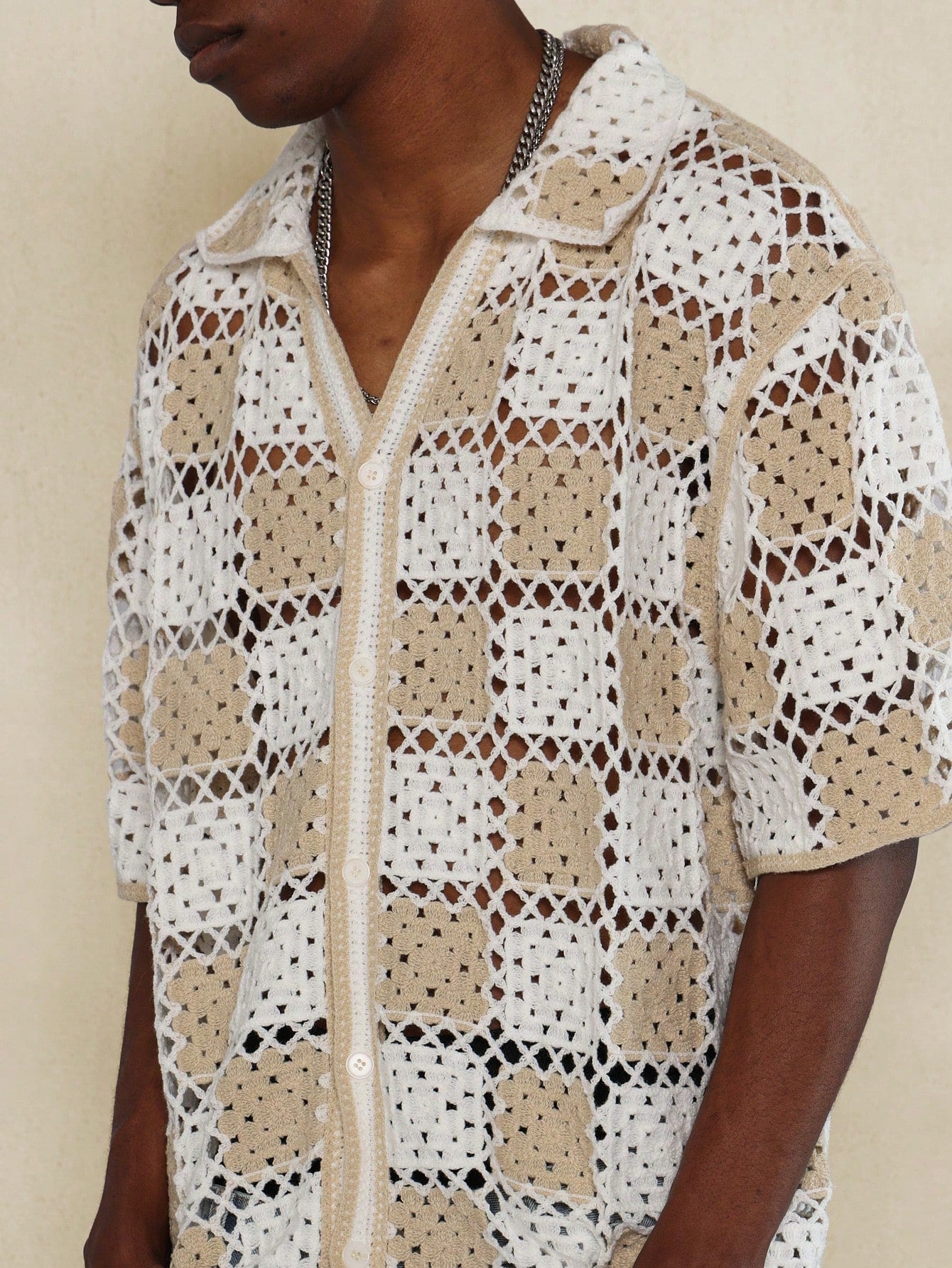 Regular Fit Button Through Checkerboard Crochet Shirt