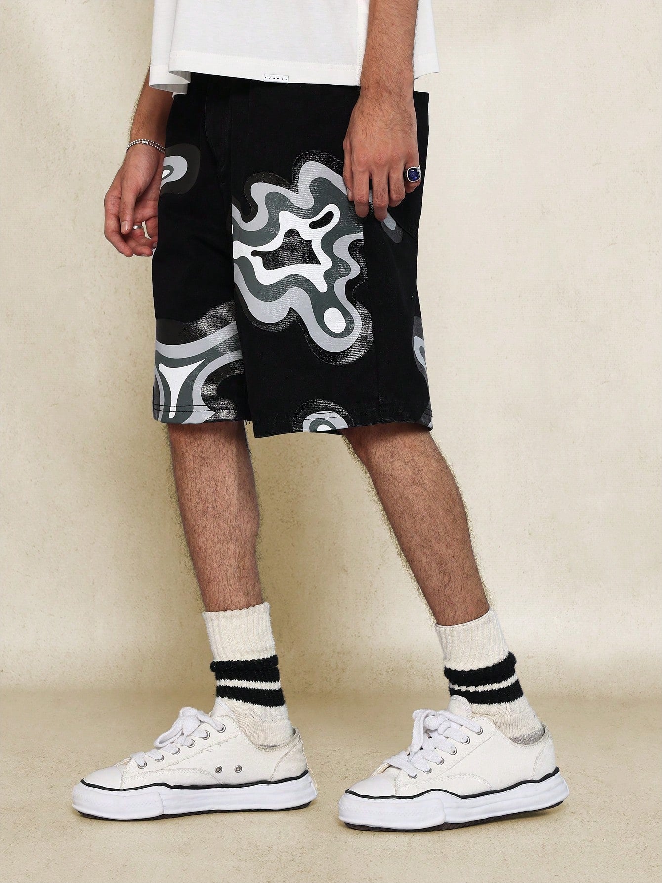 All Over Graphic Print Denim Short With Embroidery