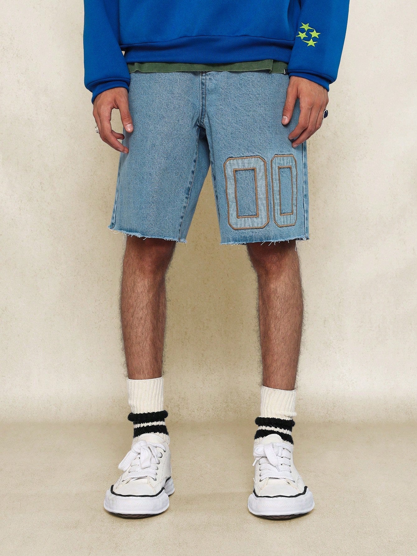 Raw Edge Denim Short With Front Applique