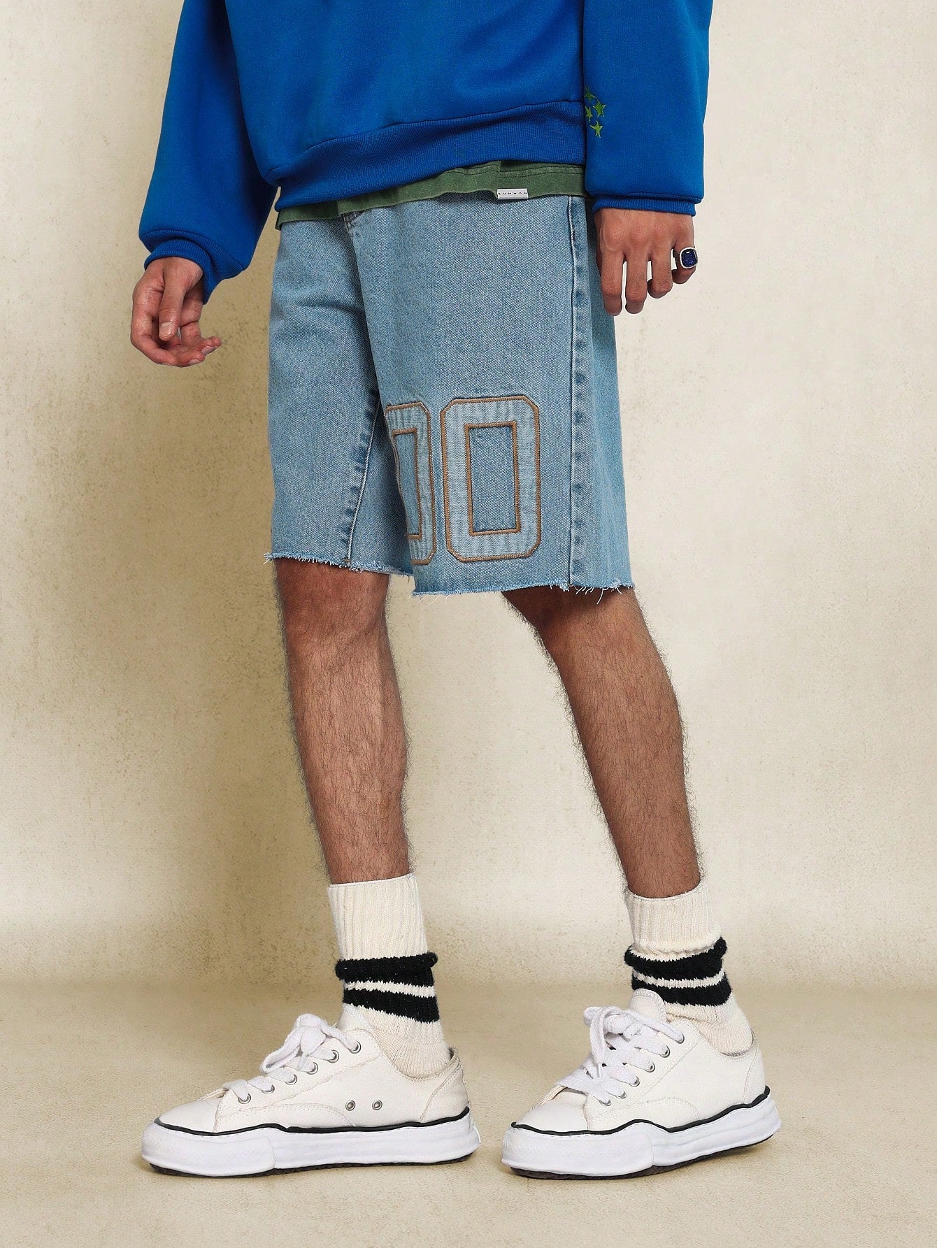 Raw Edge Denim Short With Front Applique