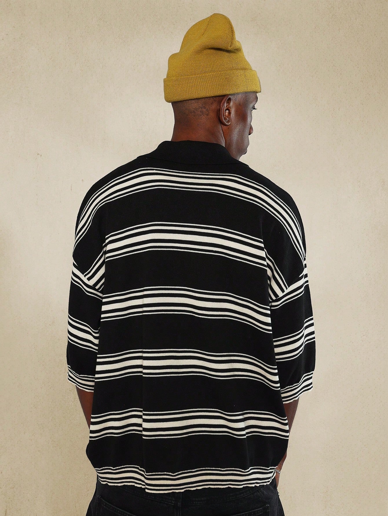 Oversized Fit Stripe Knit Polo Top With Embroidery Design