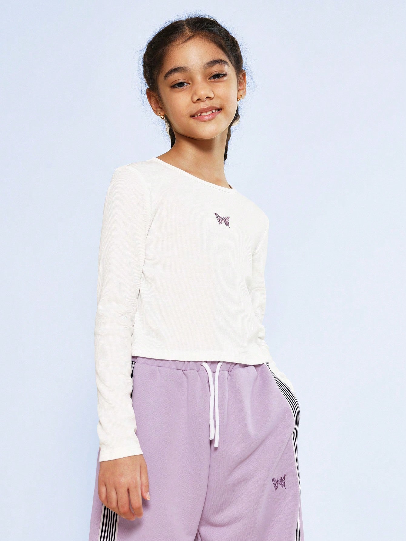 Tween Girls Crop Fit Long Sleeve Rib Shirt And Straight Fit Side Tape Track Pant With Embroidered Butterfly Graphic 2 Piece Set