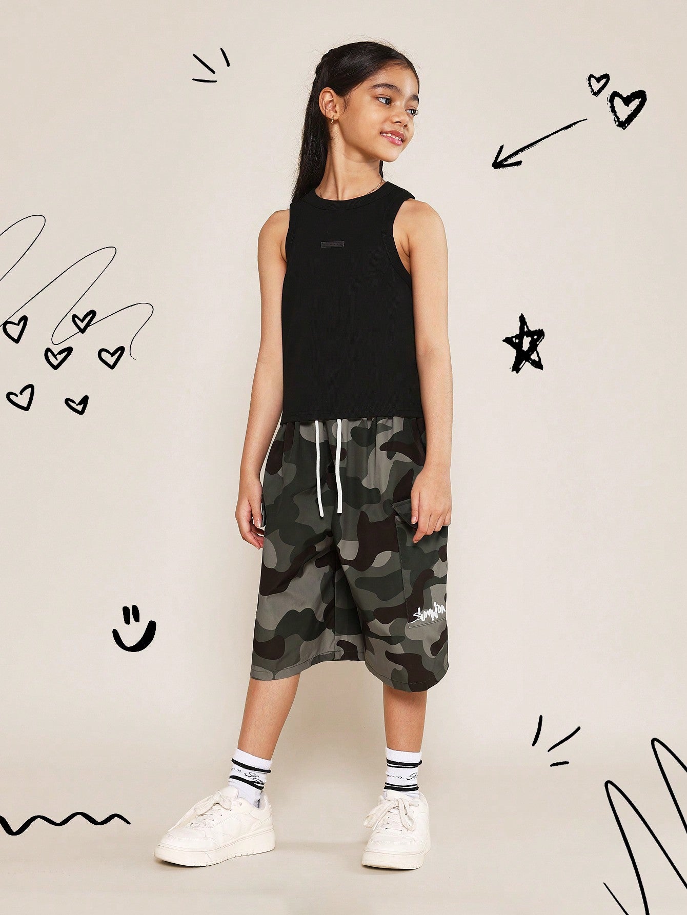 Tween Girls Tank Top And Camo Cargo Jort 2 Piece Set