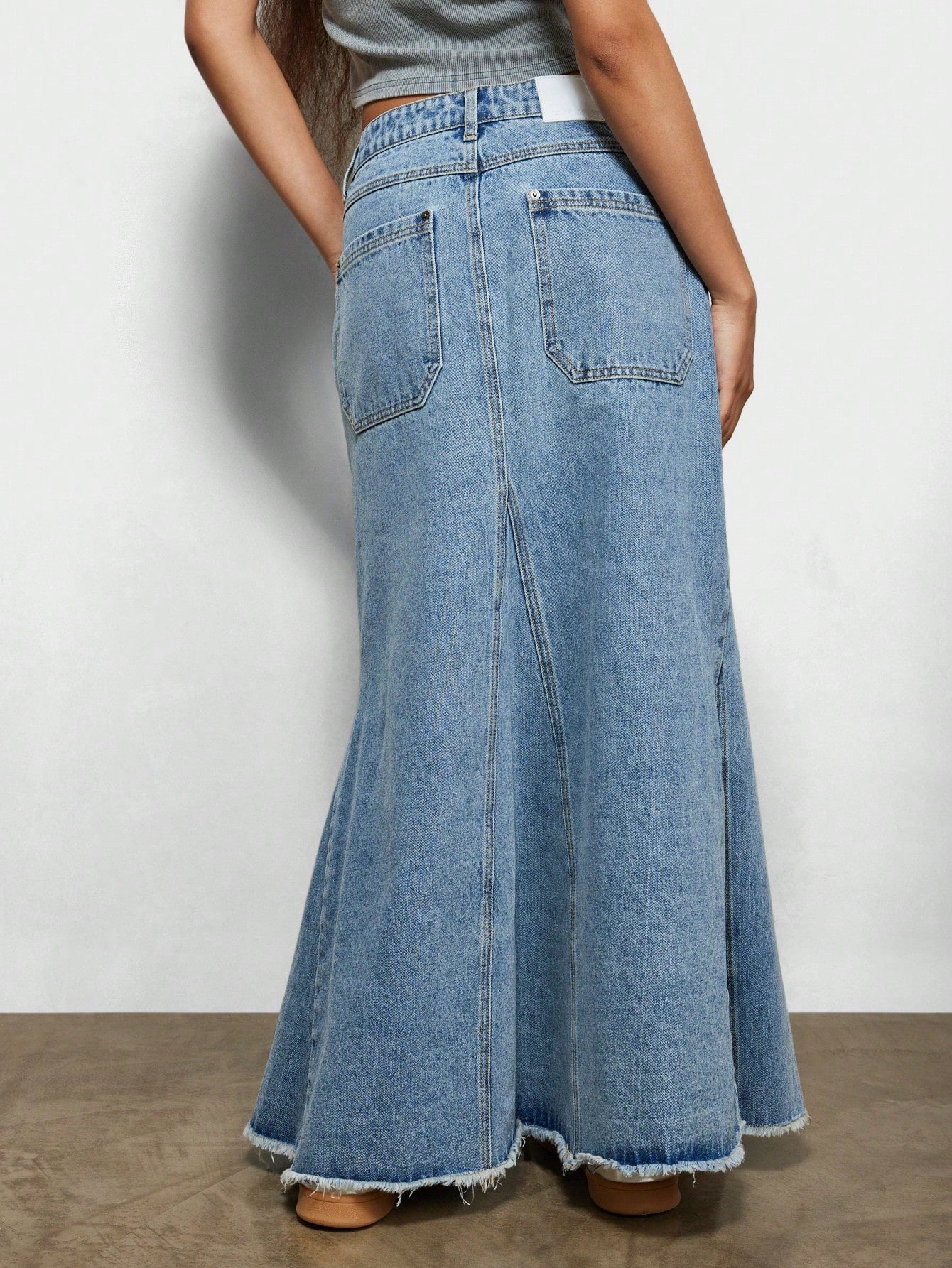 SUMWON WOMEN Denim Godet Skirt With Doubler Wrap Waistband, High Leg Split & Raw Edge Hem Detail