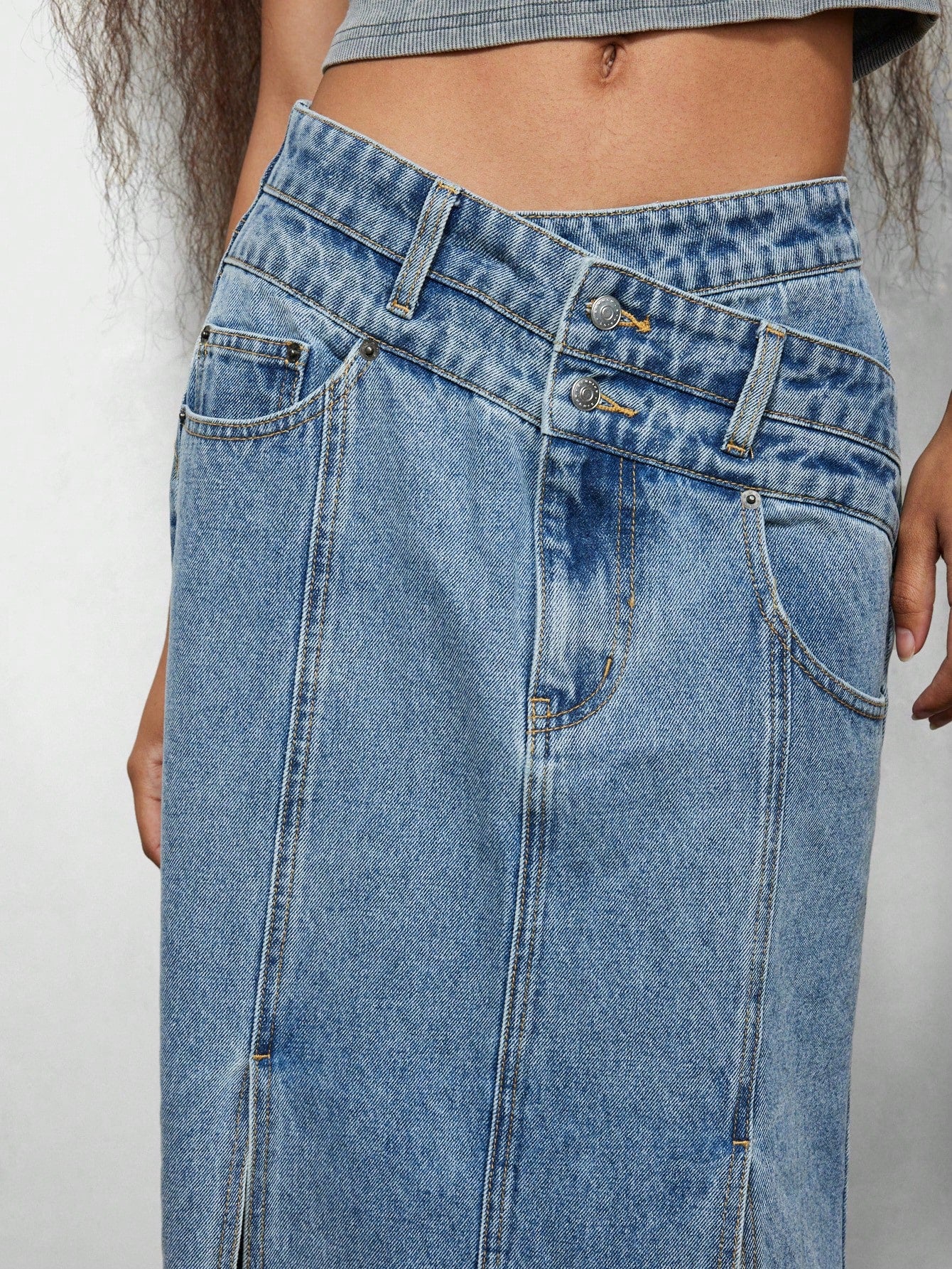 SUMWON WOMEN Denim Godet Skirt With Doubler Wrap Waistband, High Leg Split & Raw Edge Hem Detail