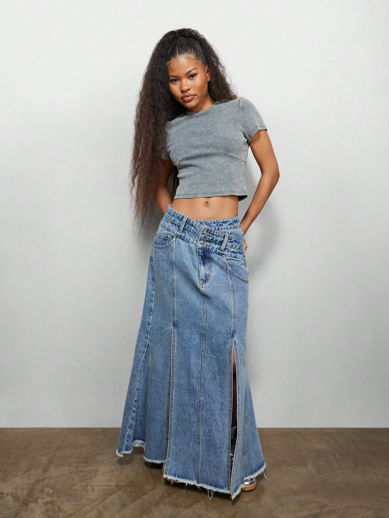 SUMWON WOMEN Denim Godet Skirt With Doubler Wrap Waistband, High Leg Split & Raw Edge Hem Detail