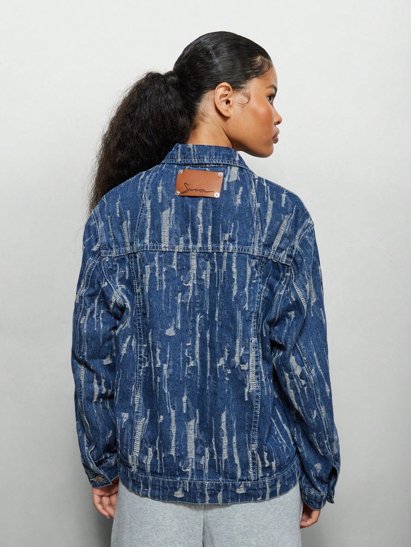 SUMWON WOMEN Distressed Denim Jacket With Branded PU Denim Badge