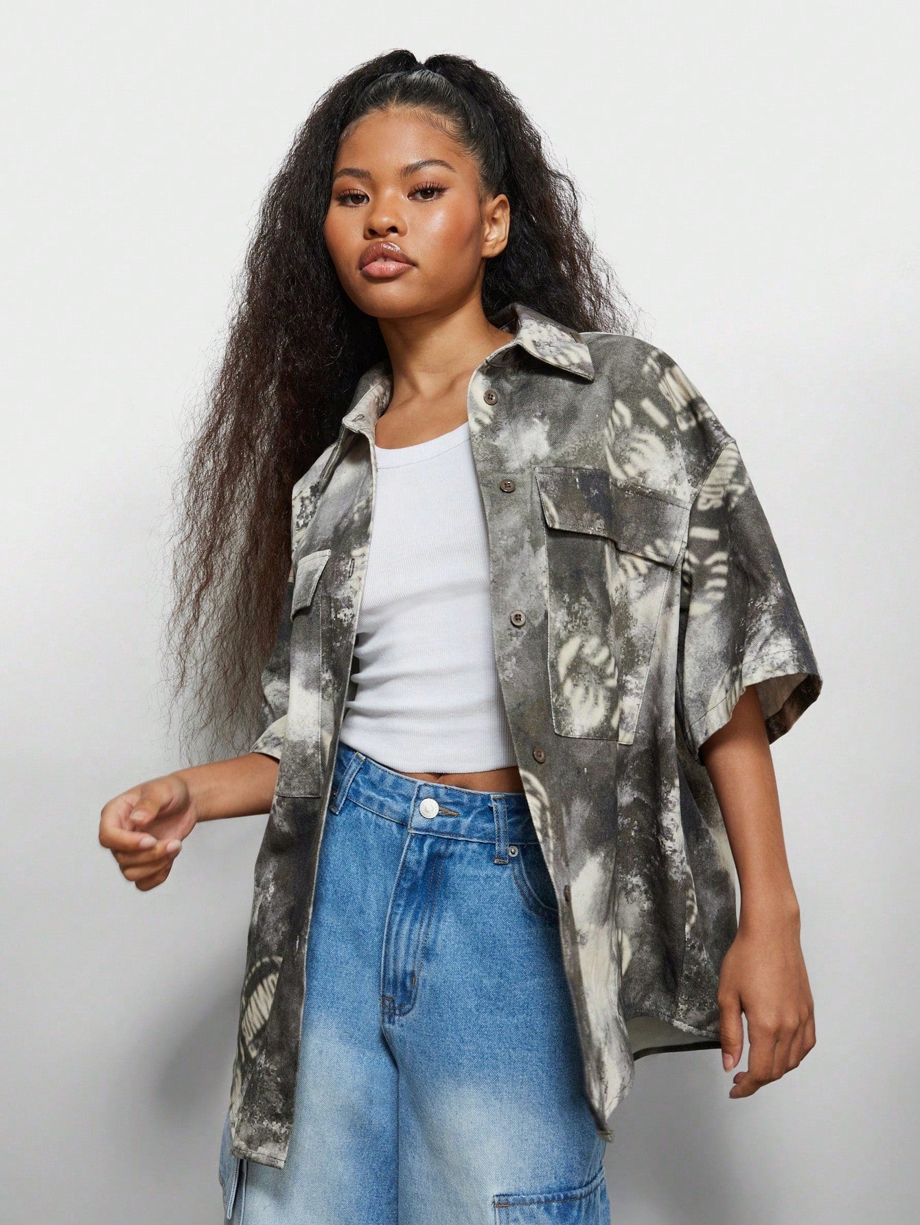 SUMWON WOMEN All Over Print Boxy Sleeves Oversized Twill Shirt