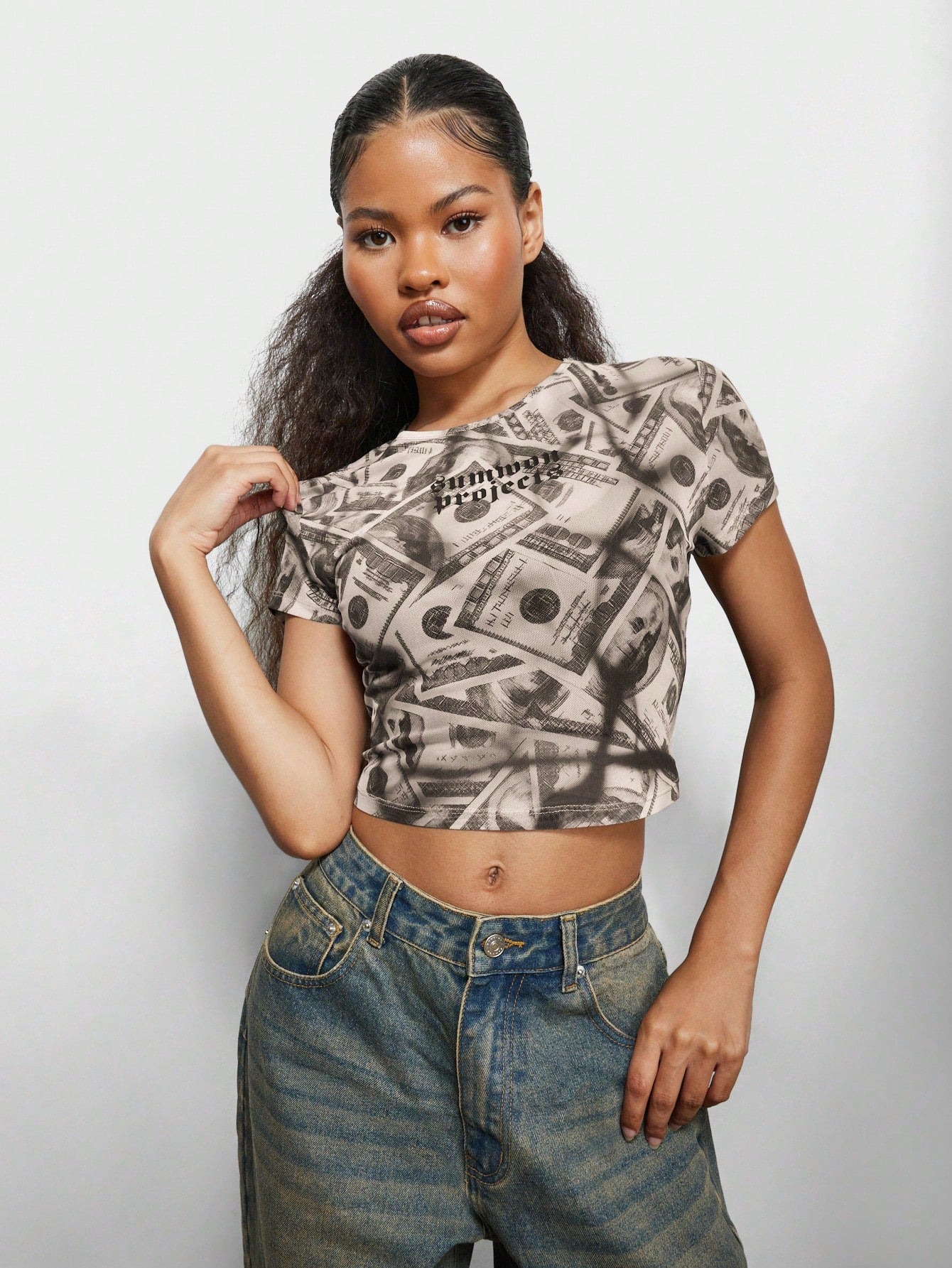 SUMWON WOMEN All Over Dollar Print Mesh Baby Tee