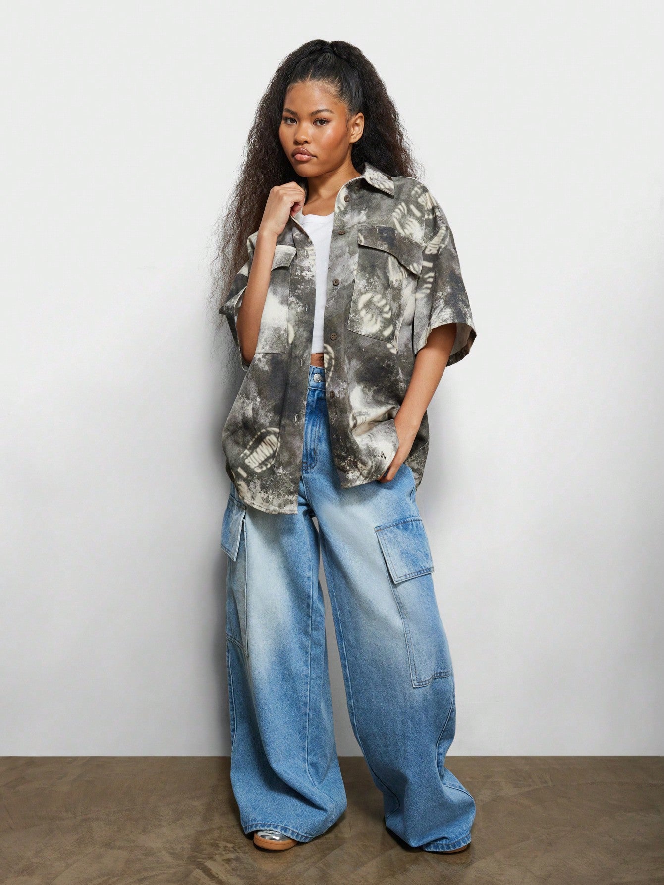 SUMWON WOMEN All Over Print Boxy Sleeves Oversized Twill Shirt