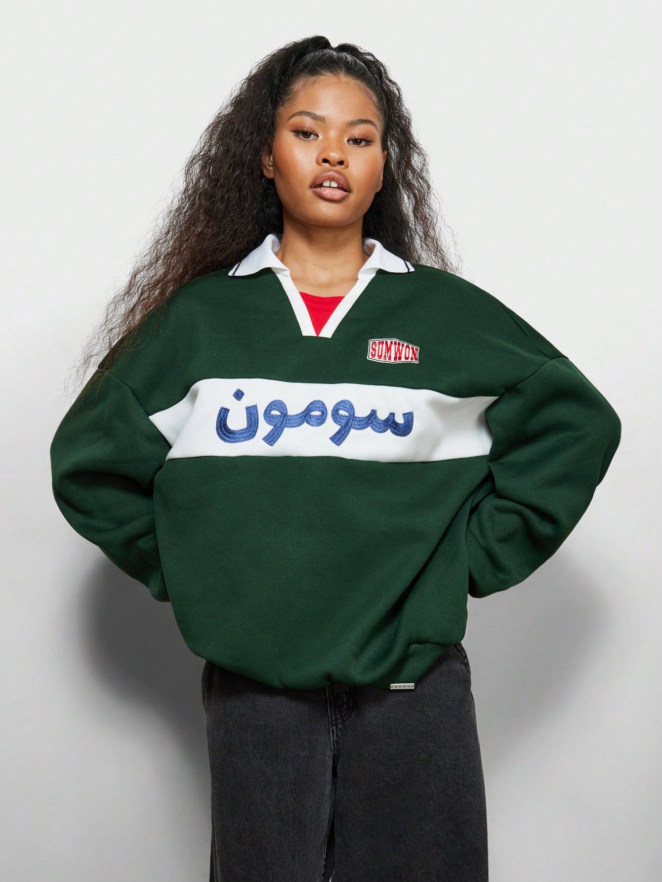 SUMWON WOMEN Colour Block Collar Panel Football Sweatshirt With Embroidery Print