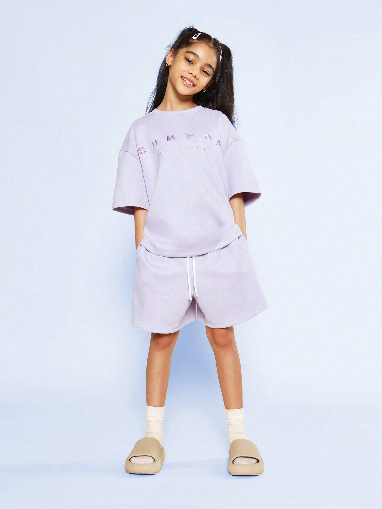 Tween Girls Oversized Fit Tee And Drop Crotch Short With Embroidered Print 2 Piece Set