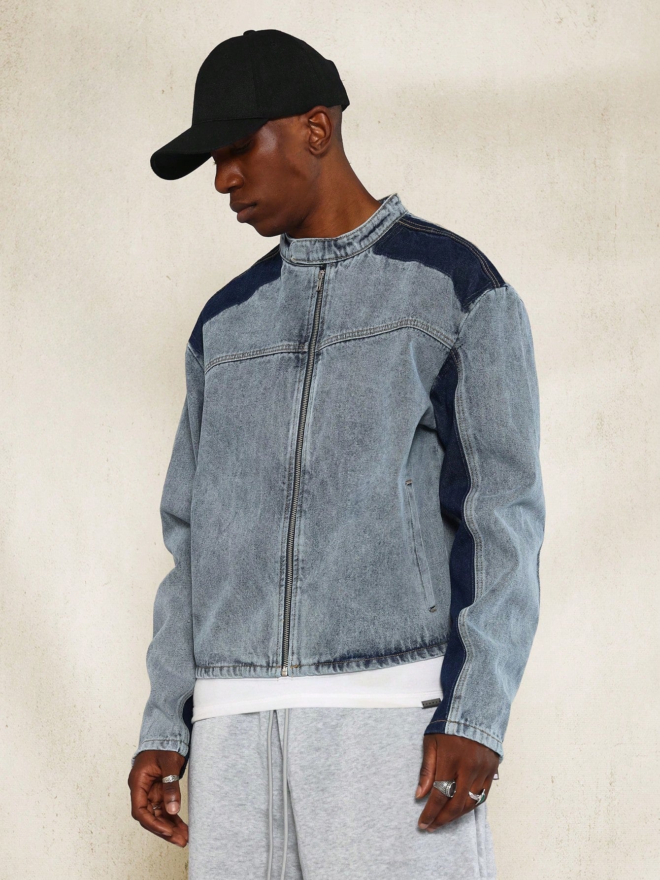 Washed Cropped Worker 2 Tone Denim Jacket