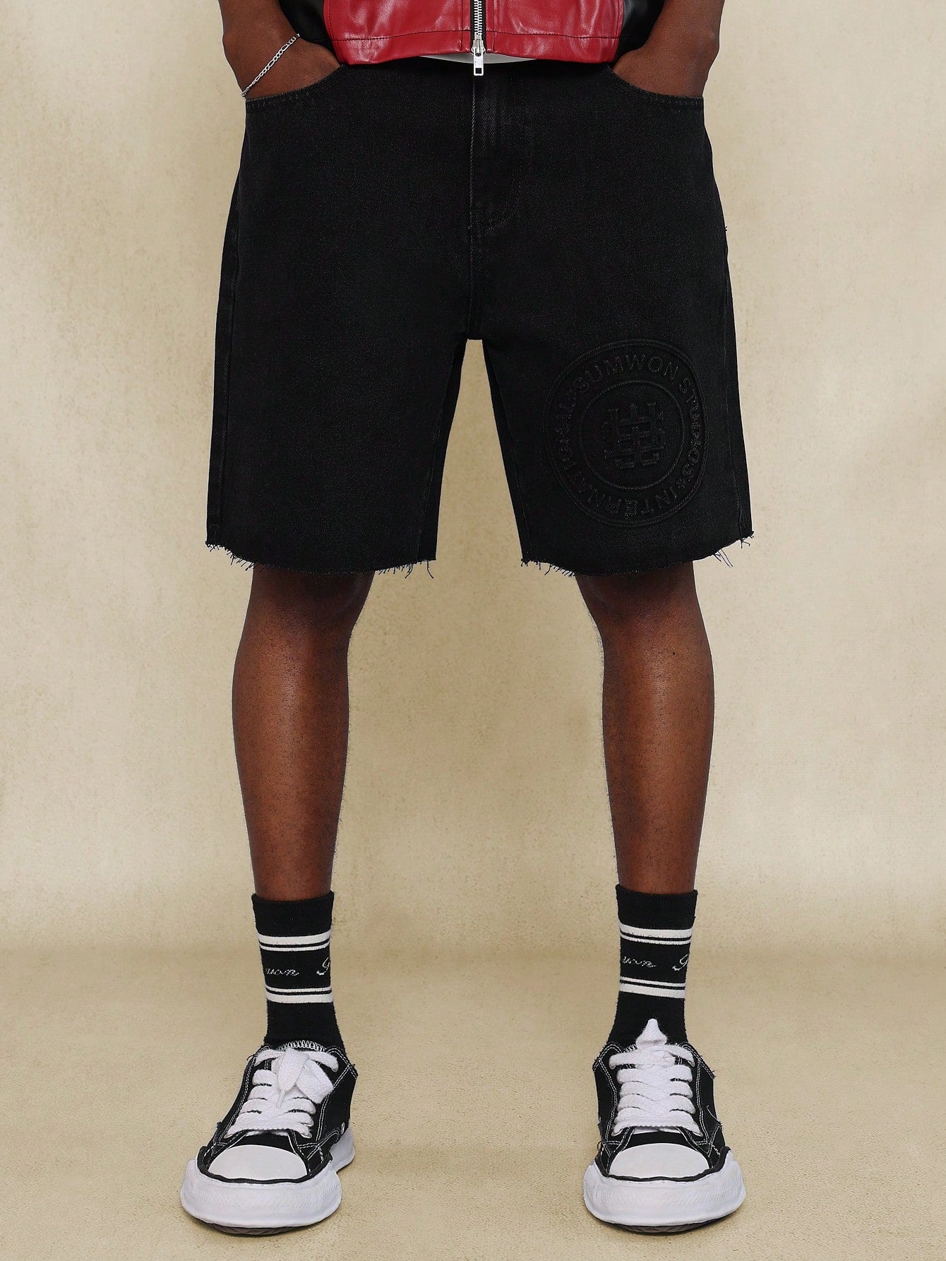 Raw Edge Denim Short With Embossed Print