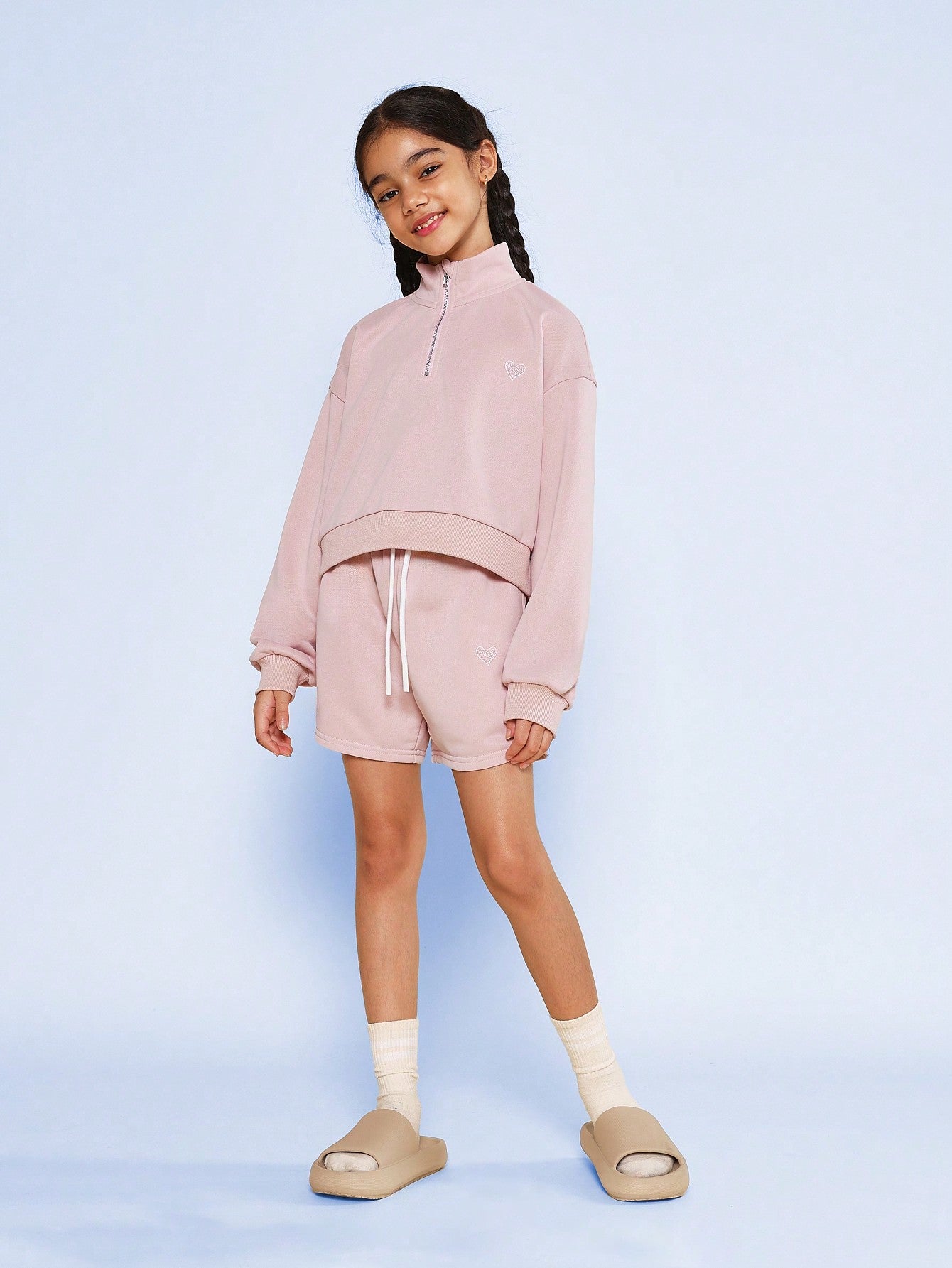 Tween Girls Funnel Neck Half Zip Essential Sweatshirt And Short With Hear Embroidered Design